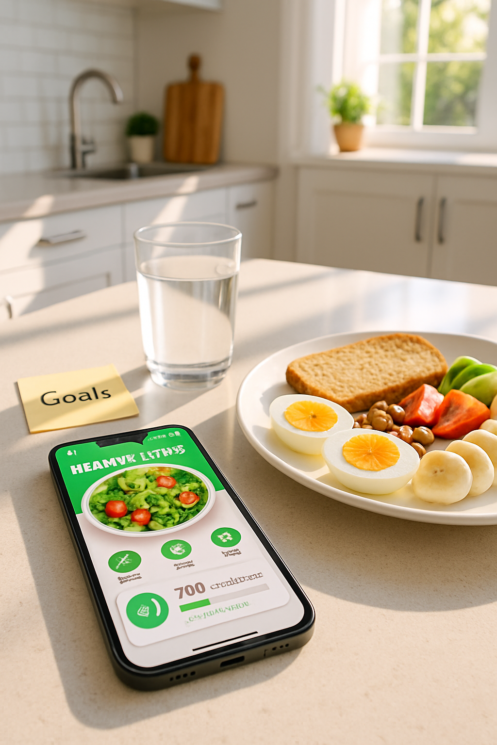 A smartphone screen showing the SnapEat AI nutrition coach app analyzing a photo of a healthy meal.