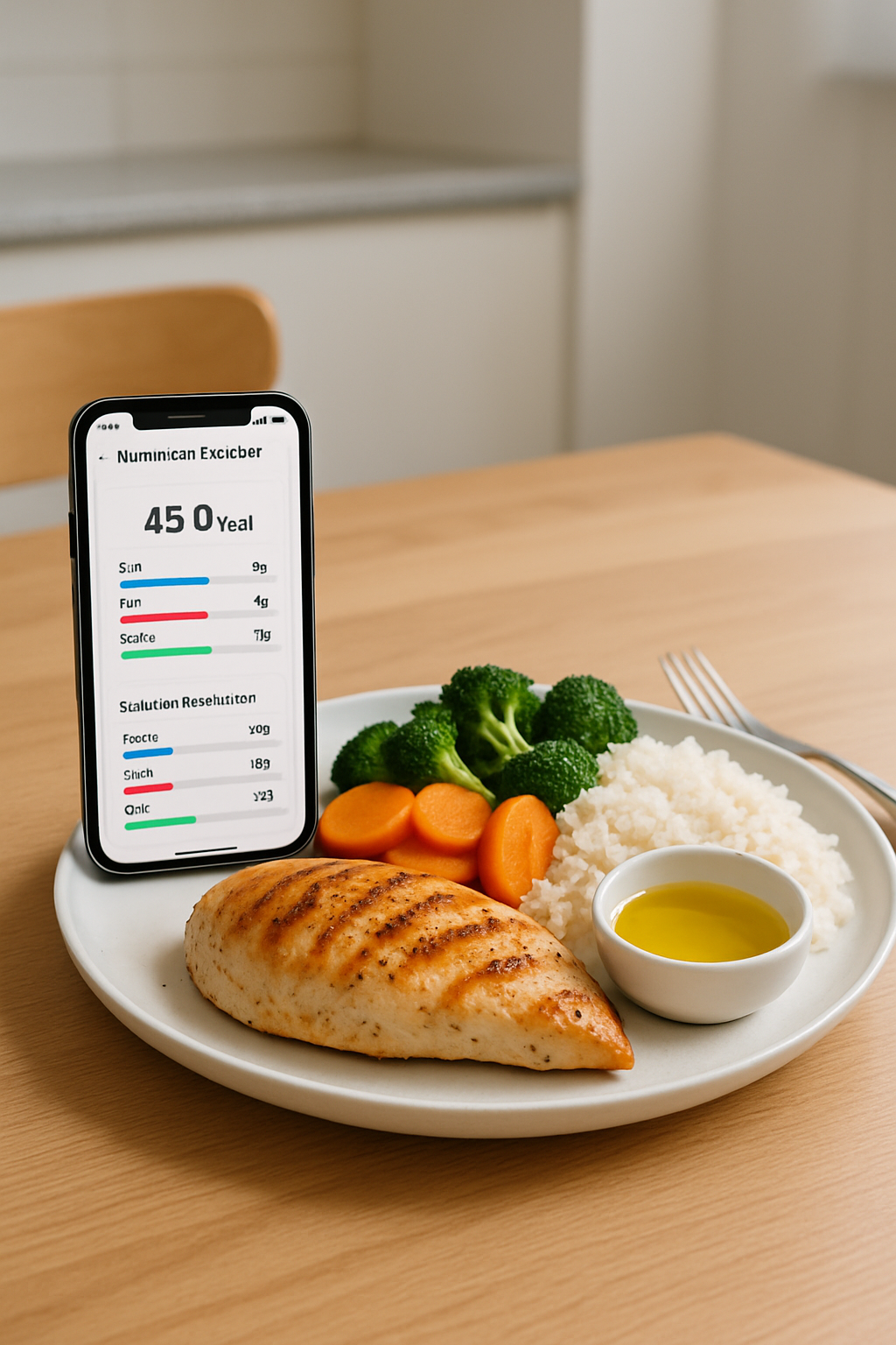 A plate of high-protein food being analyzed by the SnapEat AI meal tracker app on a smartphone, inspired by Randy Orton's diet.