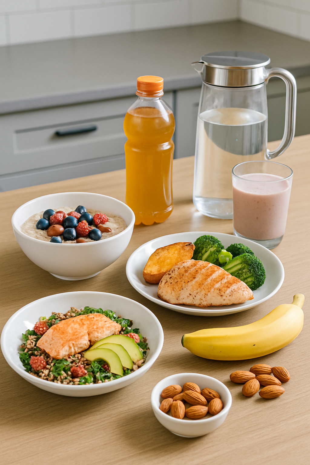 A plate of healthy food for a footballer diet plan with the SnapEat AI app interface overlayed, showing macronutrient analysis.