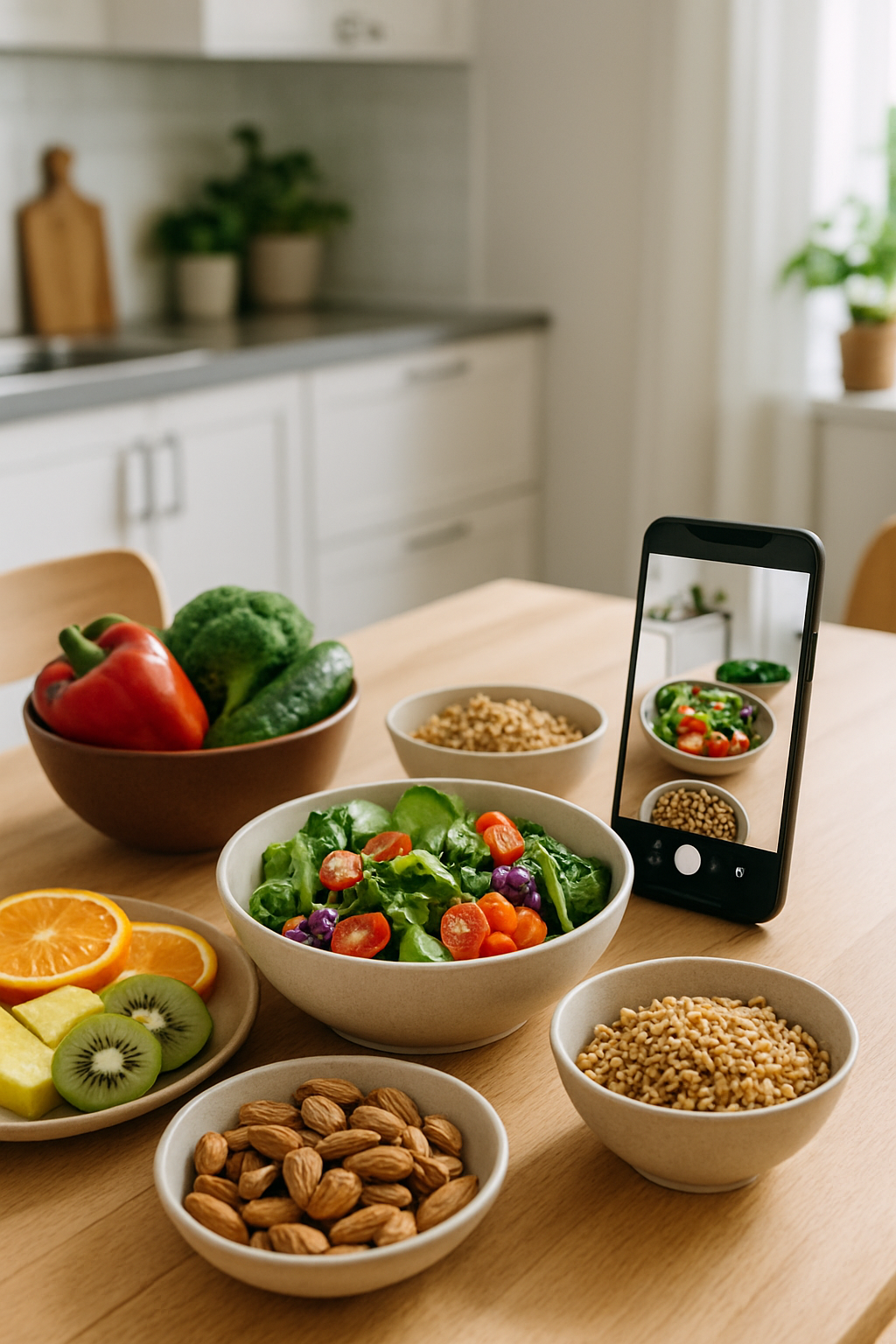 Smartphone showing the SnapEat AI meal tracker interface with a photo of a healthy tropical fruit bowl.