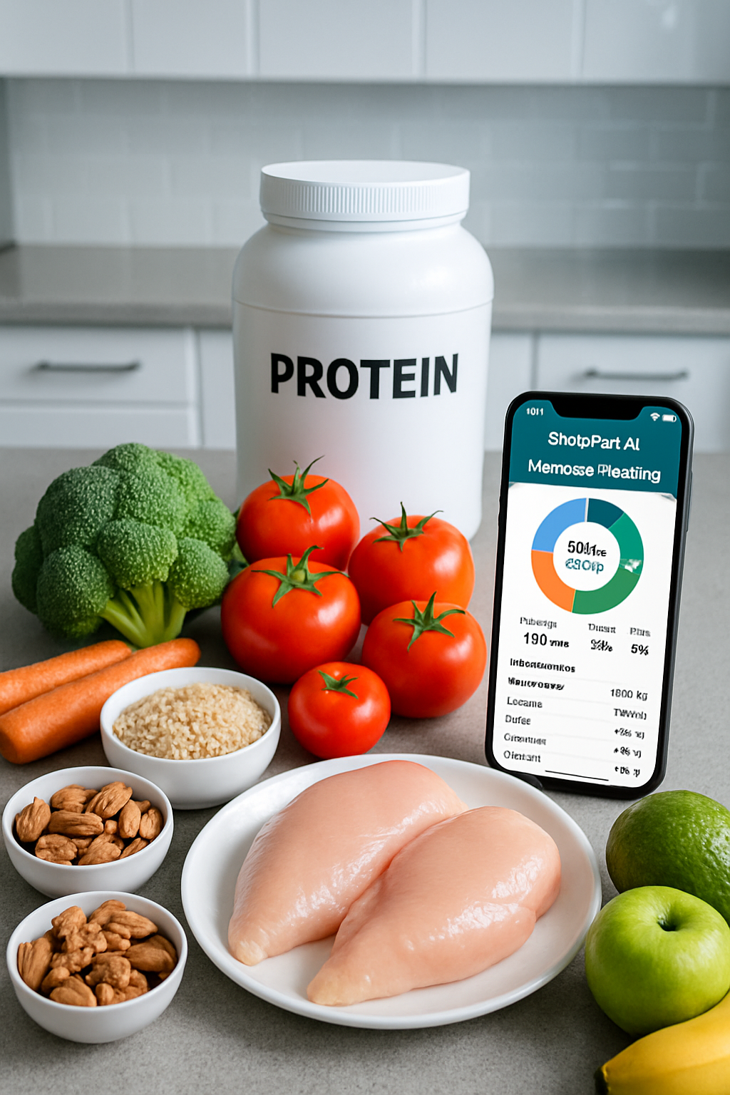 Athlete looking at SnapEat AI nutrition tracker app on a phone with a healthy meal in the background