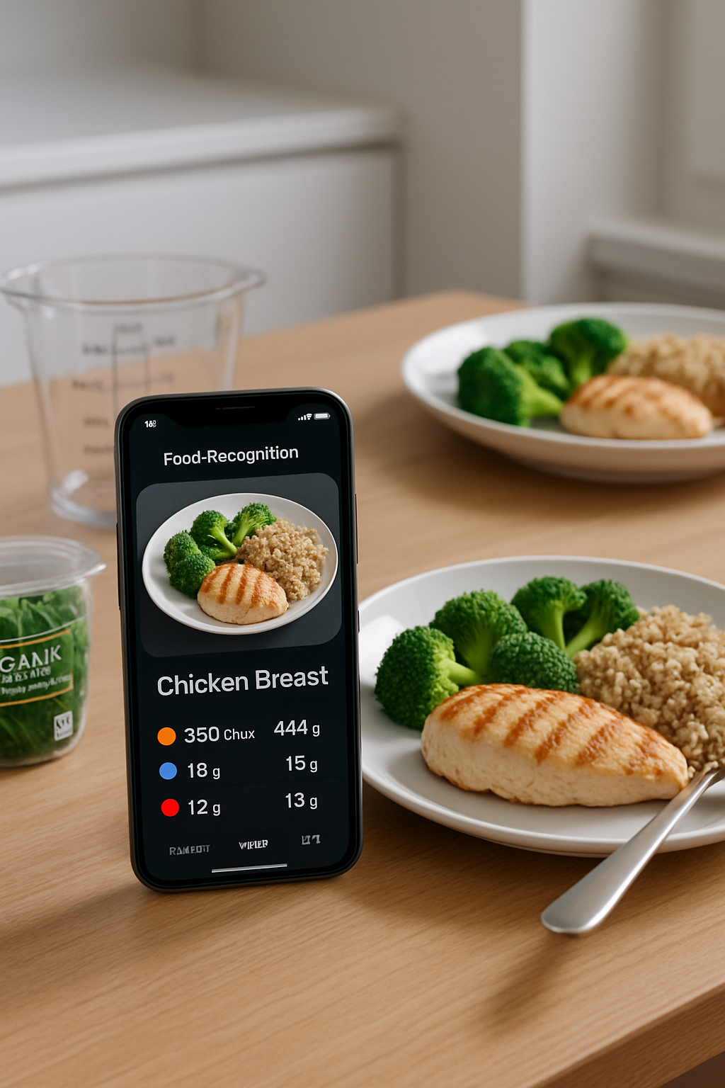 Smartphone showing the Smart Calorie AI app interface analyzing a photo of a salmon and vegetable meal.