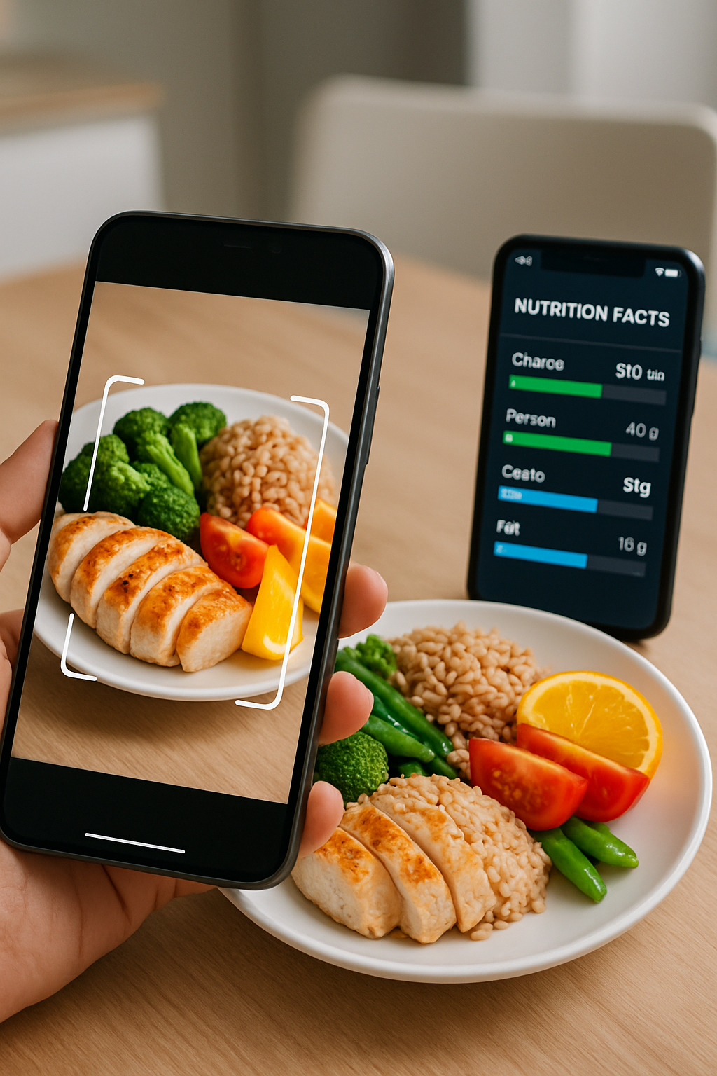 A smartphone displaying the SnapEat AI app interface, which uses food recognition technology to analyze and track the nutrition of a healthy meal.