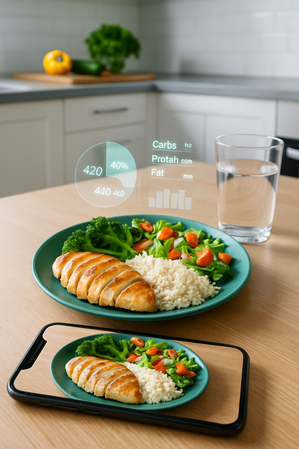A smartphone using the SnapEat AI app to scan a healthy meal for automated photo calorie tracking
