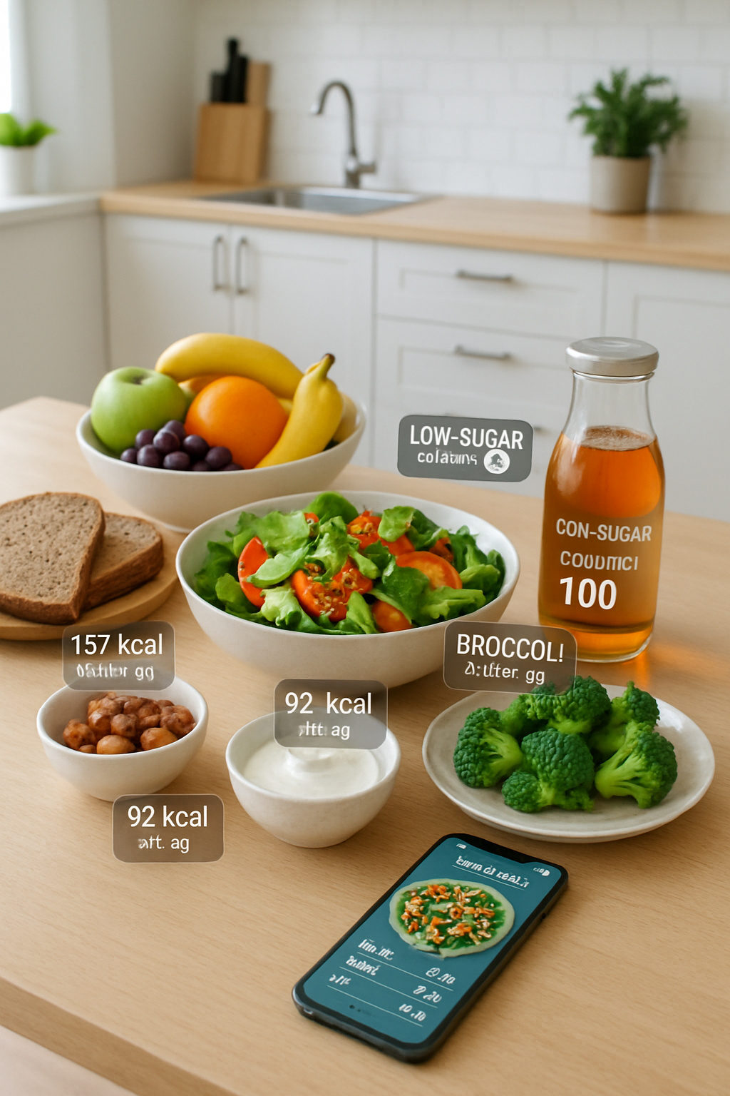 A smartphone displaying the SnapEat AI app interface over a healthy meal, demonstrating photo-based nutrition tracking.