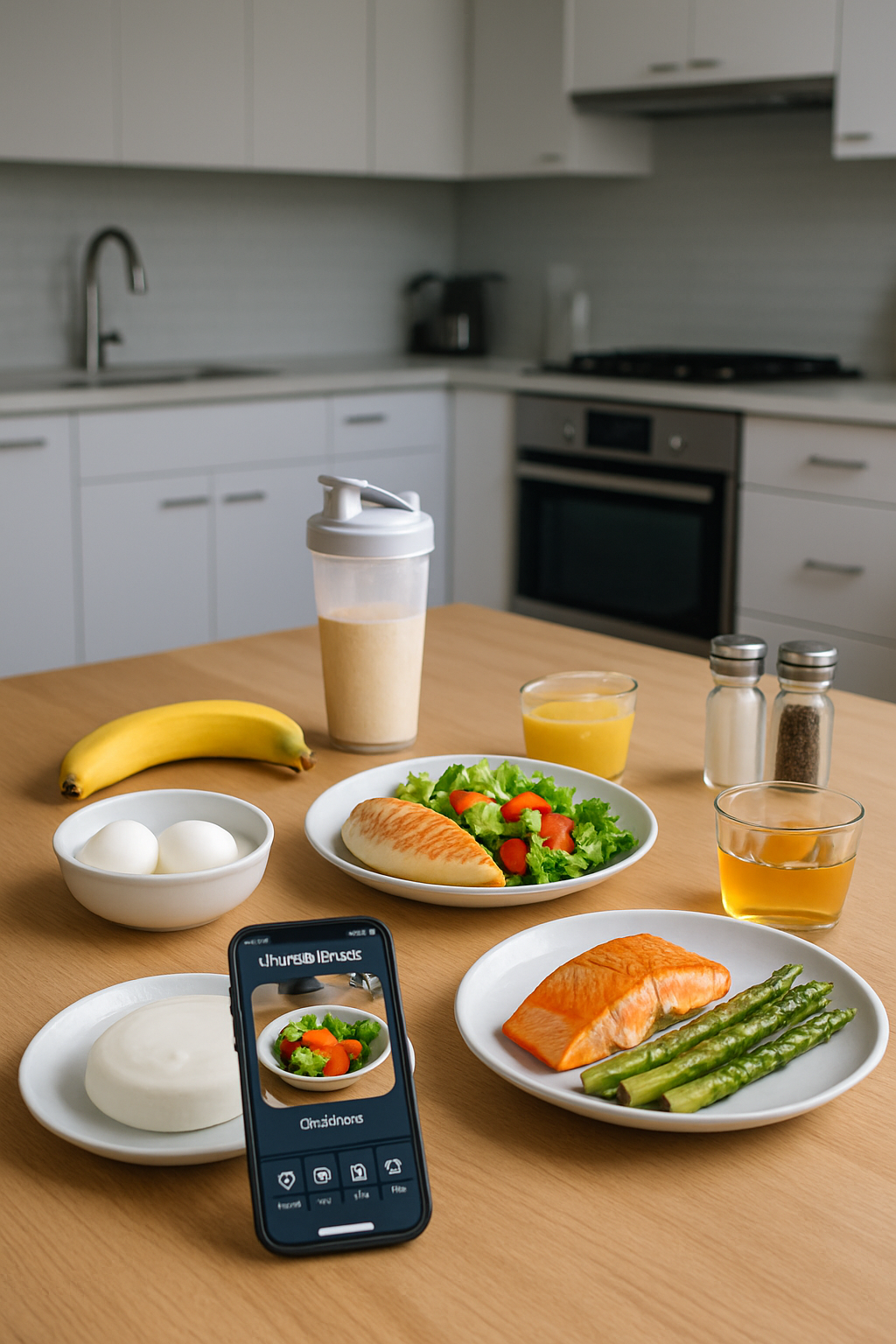 Illustration of the Leon Kennedy diet and fitness plan being tracked on the SnapEat AI calorie counter app.