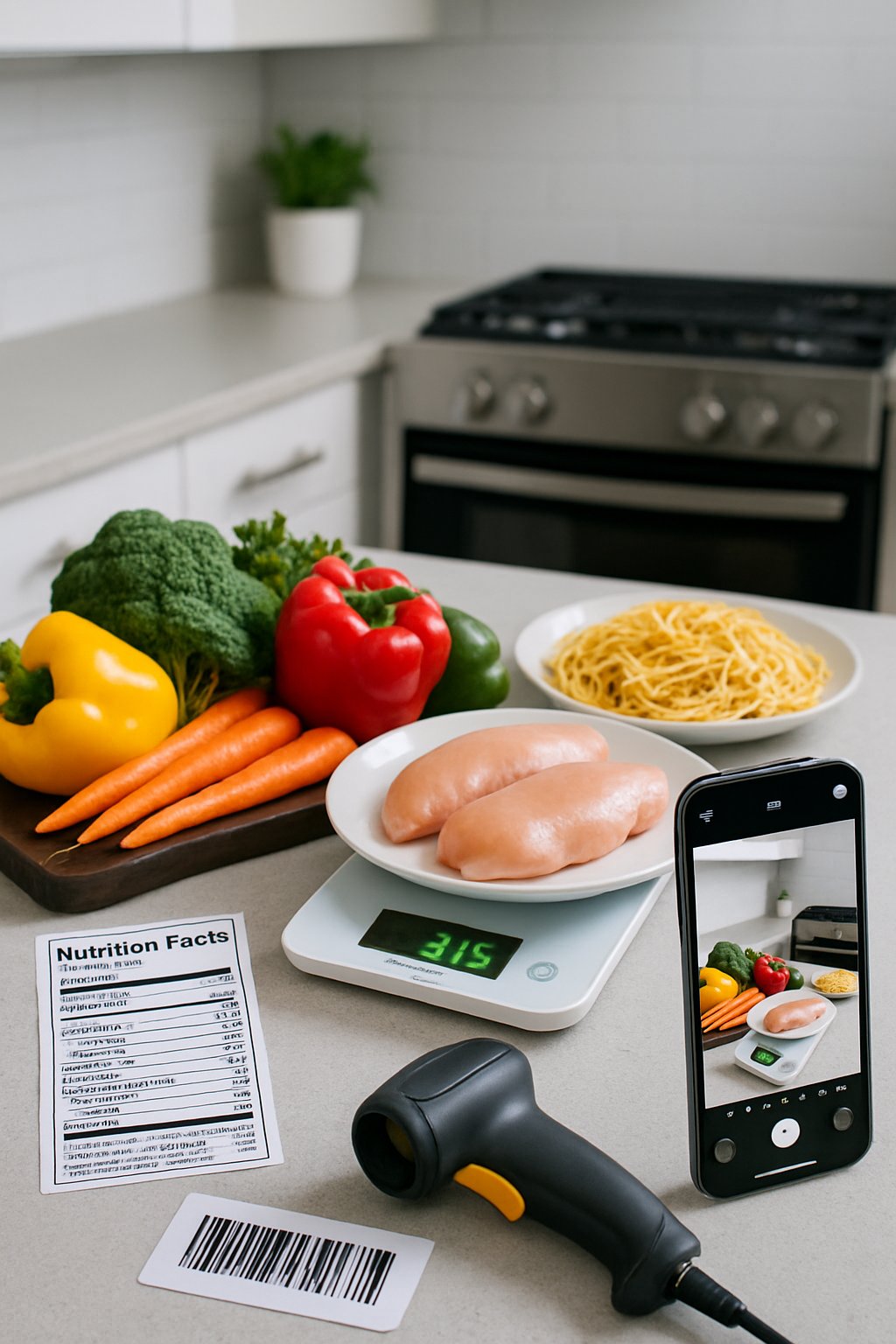 A smartphone using an AI nutrition tracker app to scan a plate of salmon, asparagus, and lemon to log calories and macros.
