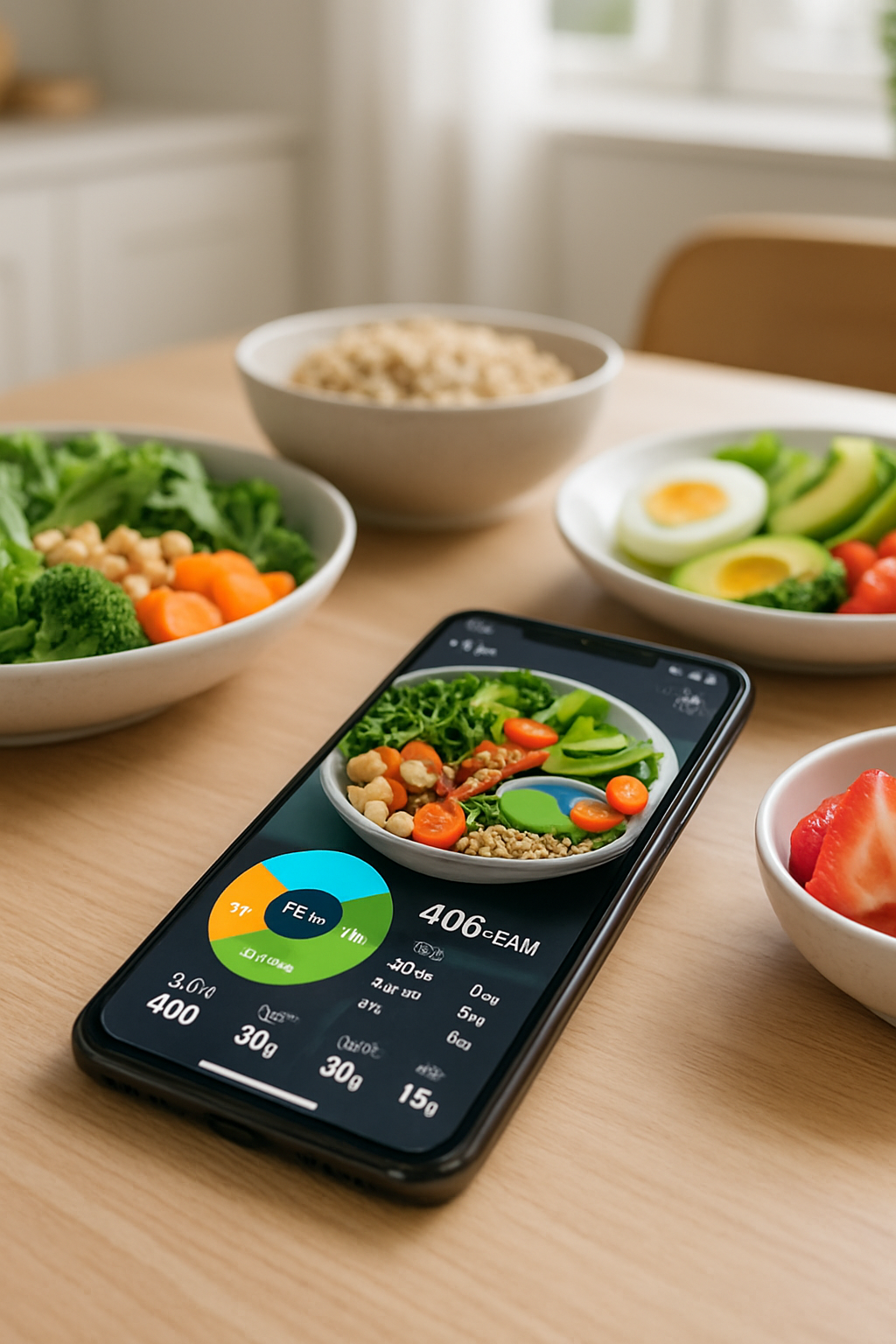 A smartphone displaying the SnapEat AI food tracking app, analyzing a photo of a healthy meal.