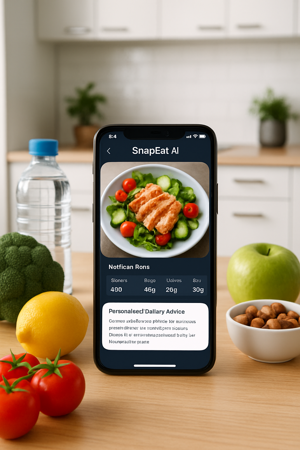 Miley Cyrus on stage showcasing her fitness, with the SnapEat AI app interface overlayed showing food tracking.