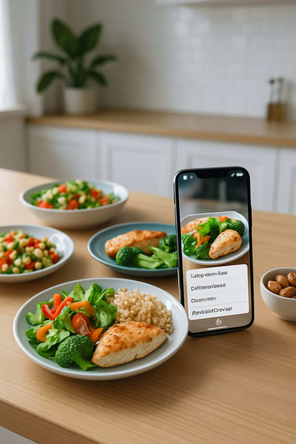 Smartphone showing the SnapEat AI meal tracker app interface analyzing a photo of a healthy meal with salmon and vegetables.