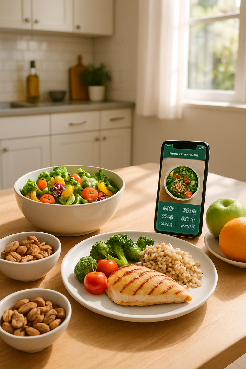 Man using the SnapEat AI food coach app on his smartphone to track a healthy meal, celebrating his men's health journey.