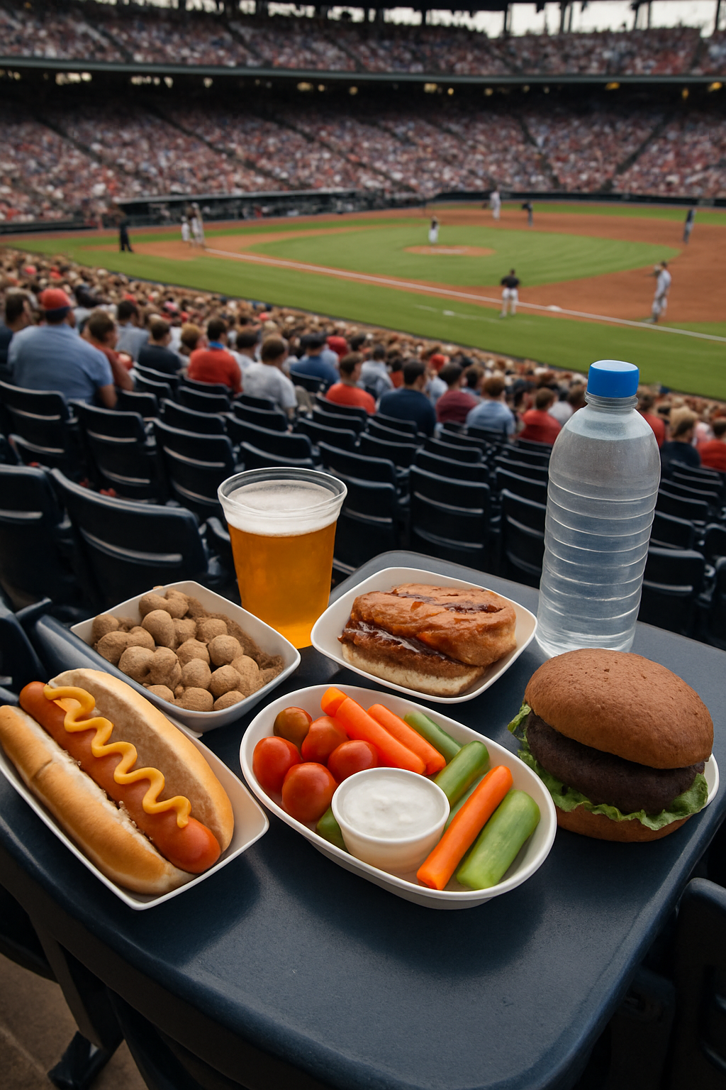 A fan using the SnapEat AI food tracker app on their phone to scan a ballpark hot dog during the Dodgers vs Nationals baseball game.