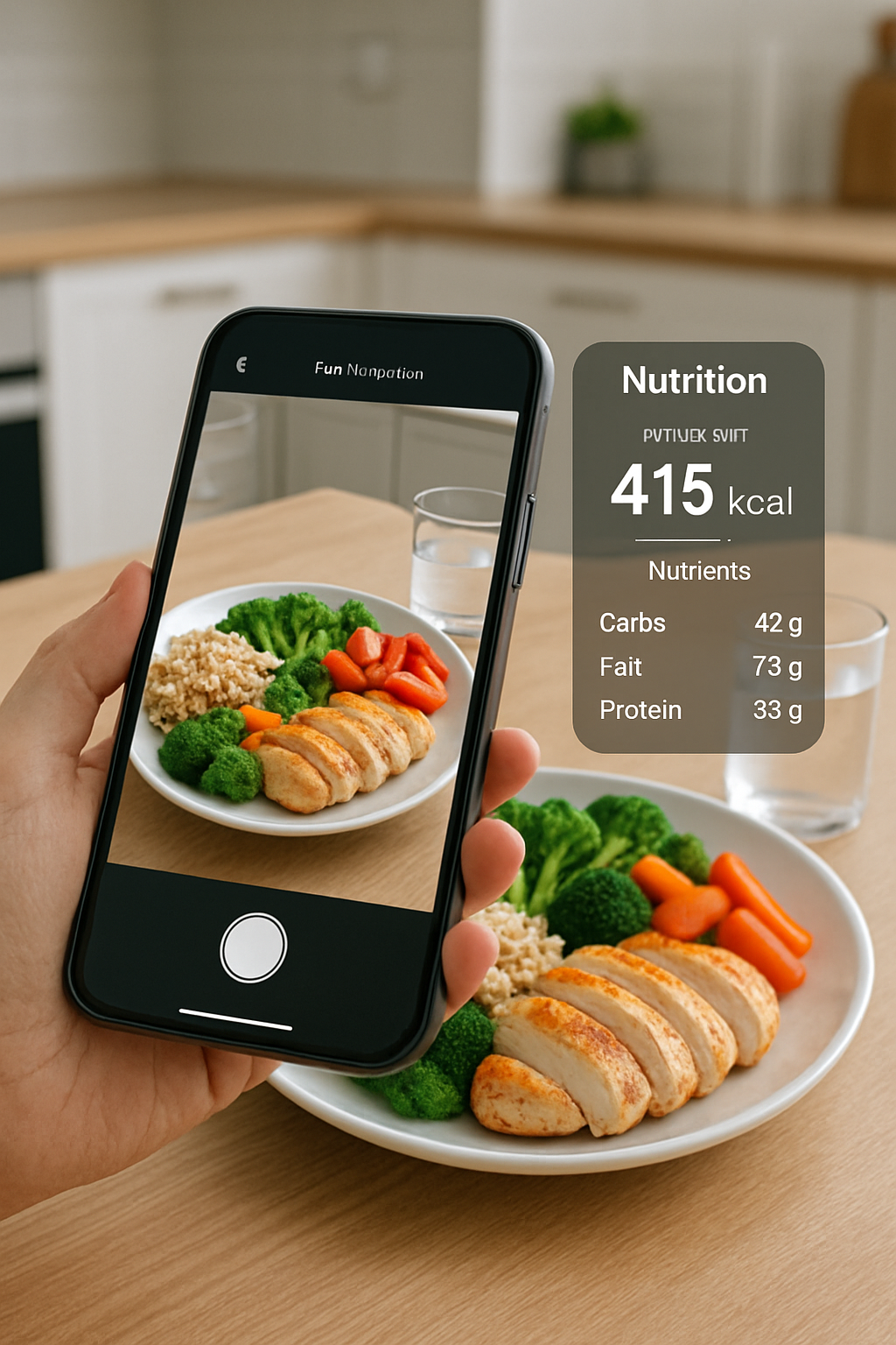 Smartphone showing the SnapEat AI food tracker app analyzing a healthy meal with its AI technology.