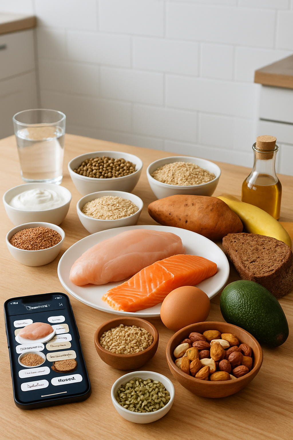A healthy meal of salmon and vegetables sits next to a smartphone displaying the SnapEat AI nutrition tracking app, with a background hinting at Mortal Kombat, illustrating the concept of gaming nutrition.