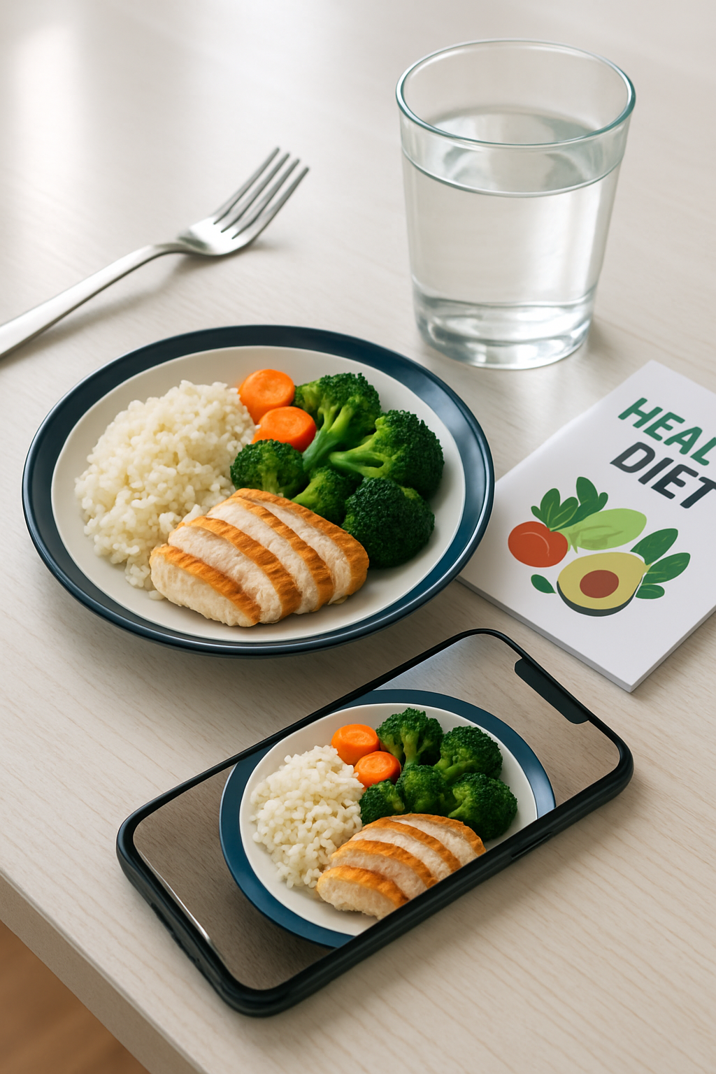 A smartphone running the SnapEat AI calorie counter app, analyzing a photo of a healthy meal with salmon and vegetables.