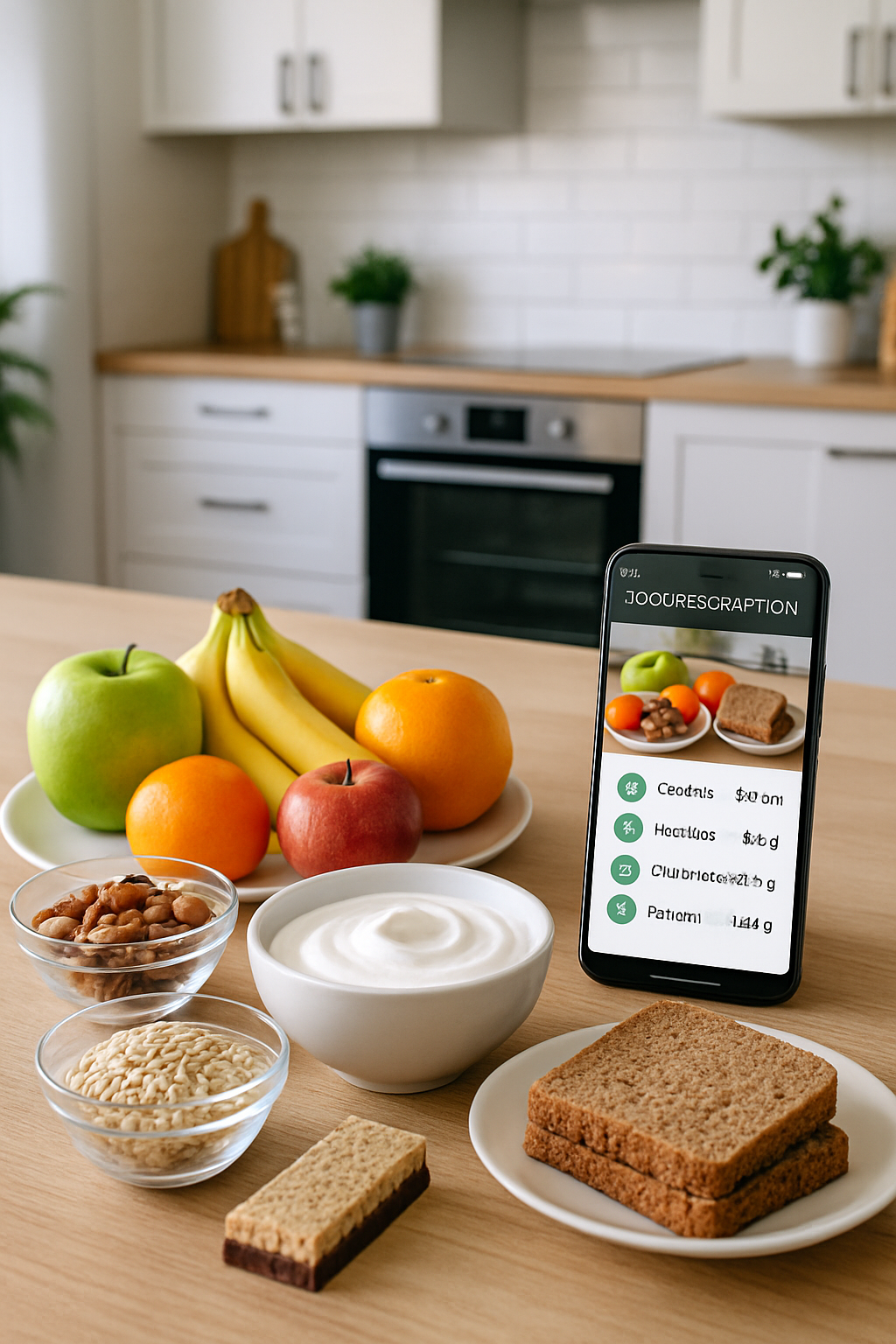 A gamer holding a phone with the SnapEat AI app, analyzing a healthy meal of chicken and vegetables, ready for a Rec Room session.