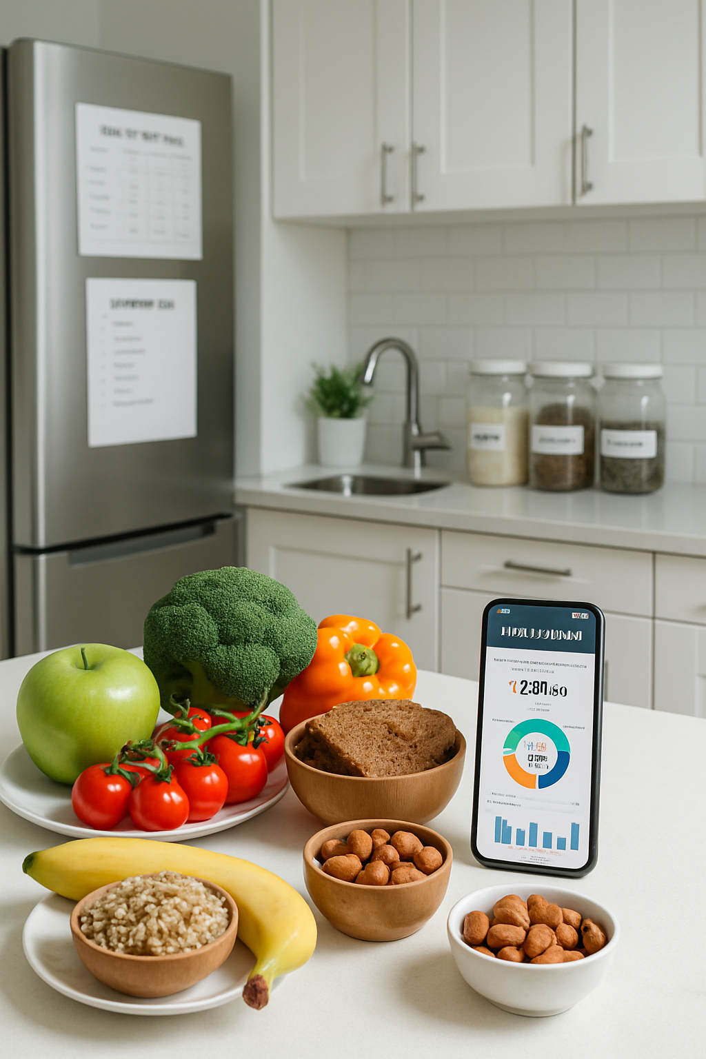 Smartphone using a healthy eating AI app to scan a salad, showing how an AI nutritionist analyzes meals.
