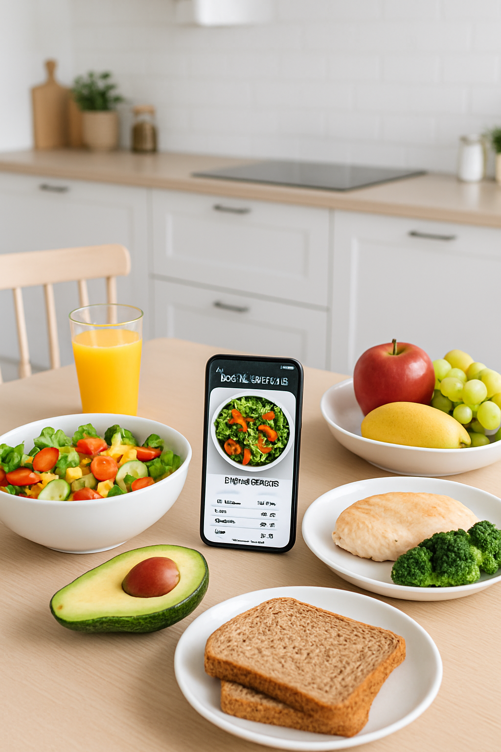 A smartphone showing the SnapEat AI nutrition tracking app interface next to a healthy meal, symbolizing a smart health game plan.