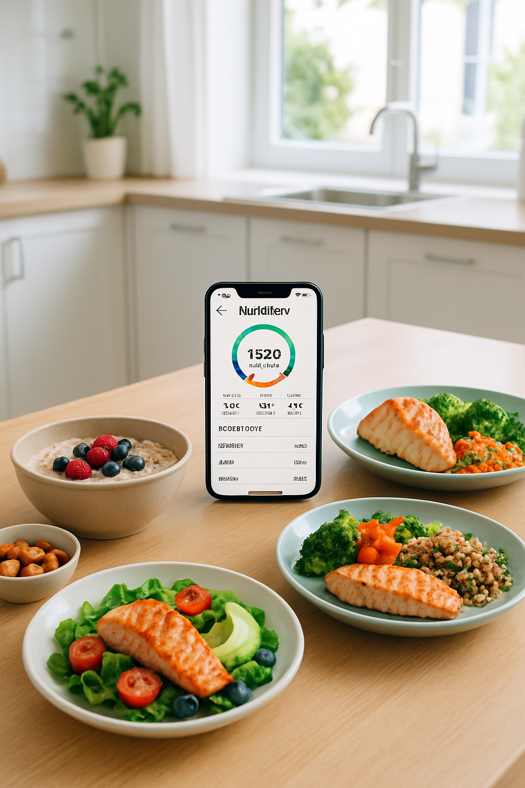 A smartphone displaying the SnapEat AI nutrition coach app, analyzing a photo of a healthy meal with data overlays for calories and macros.