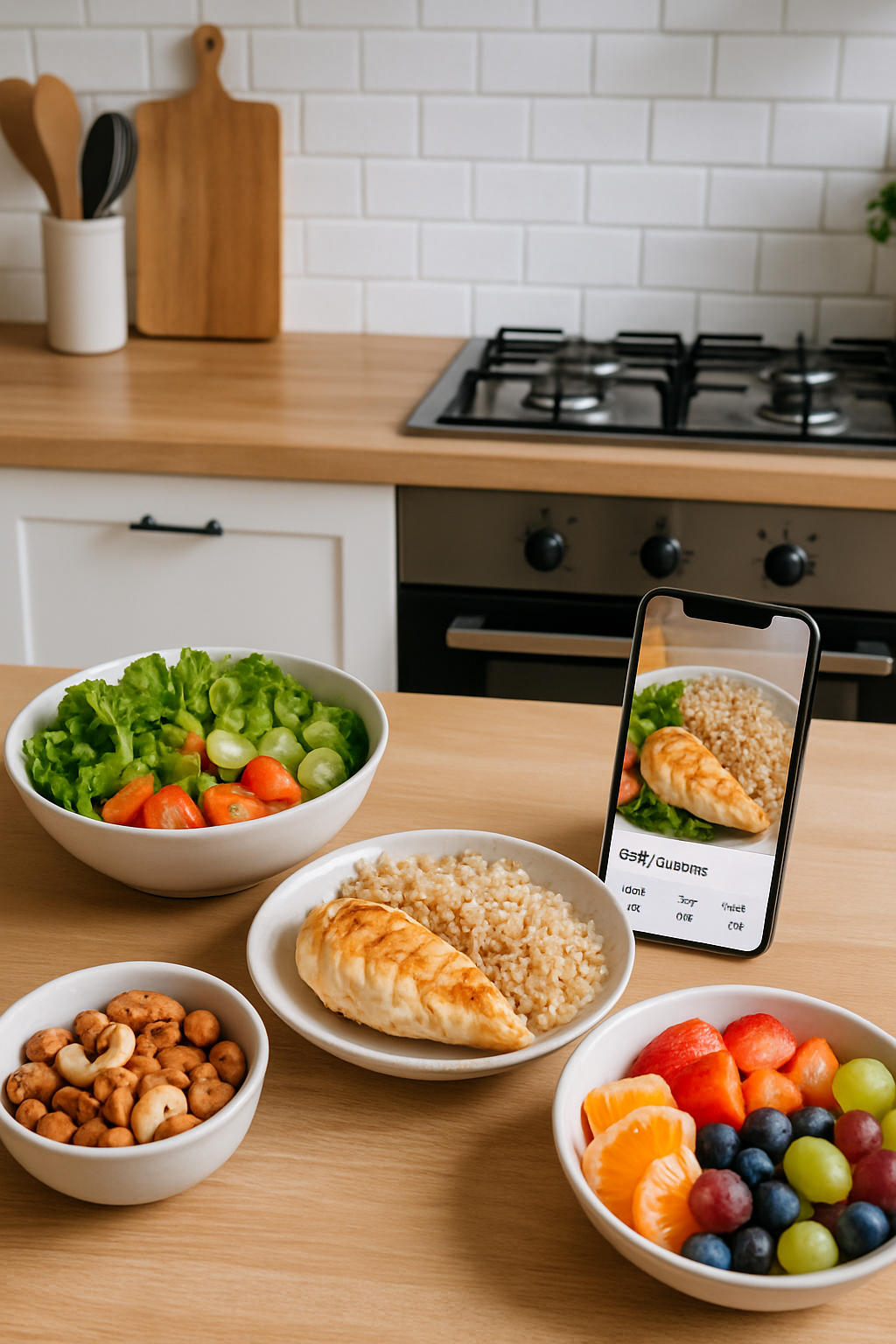 A smartphone showing the Smart Eating AI app interface logging a meal from a photo, demonstrating the AI nutrition coach feature.