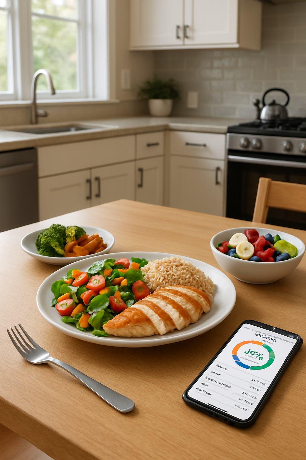A smartphone displaying the SnapEat AI app interface analyzing a meal from a photo.