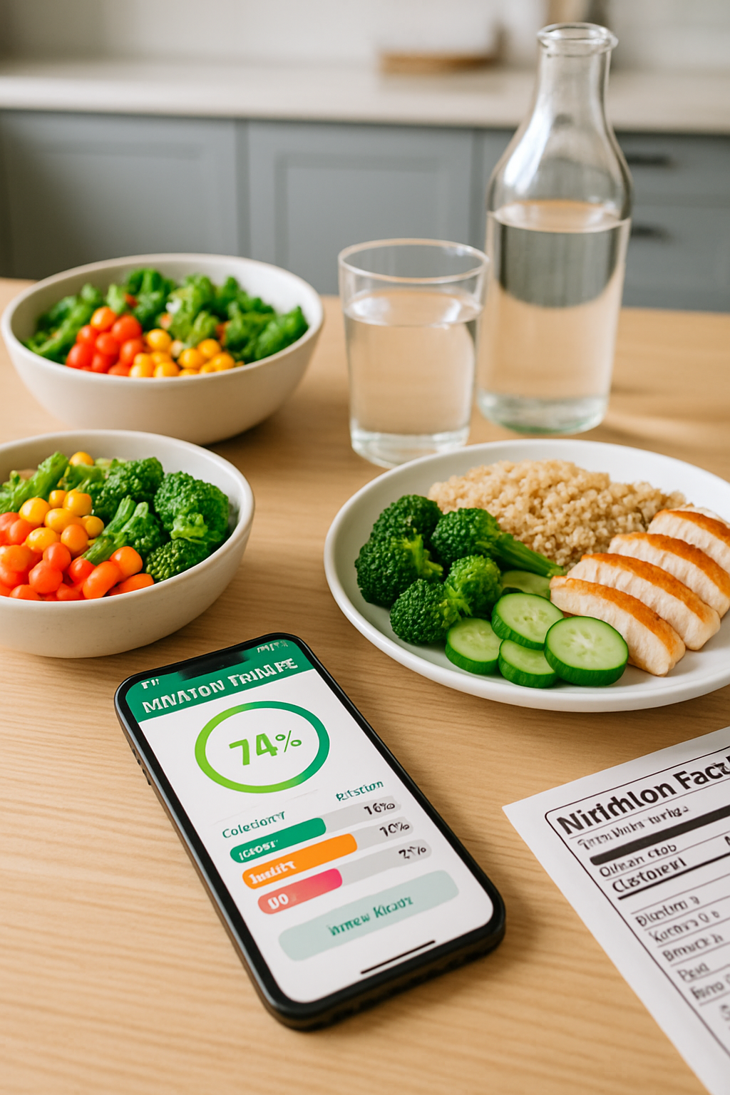 The SnapEat AI app on a smartphone screen analyzing a photo of a healthy meal with salmon and vegetables.