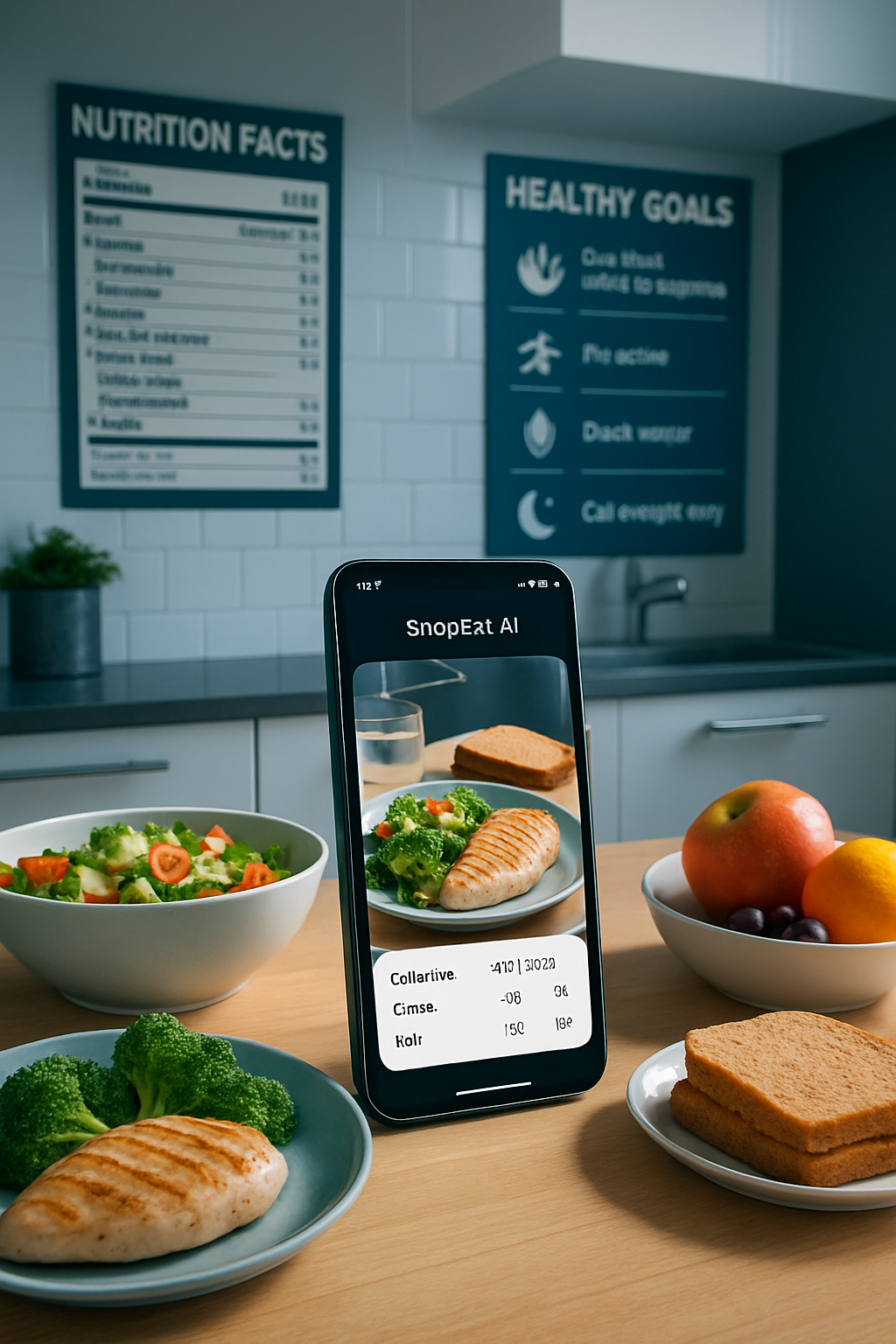 A smartphone screen displaying the SnapEat AI smart food tracker identifying a meal with AI food recognition technology.