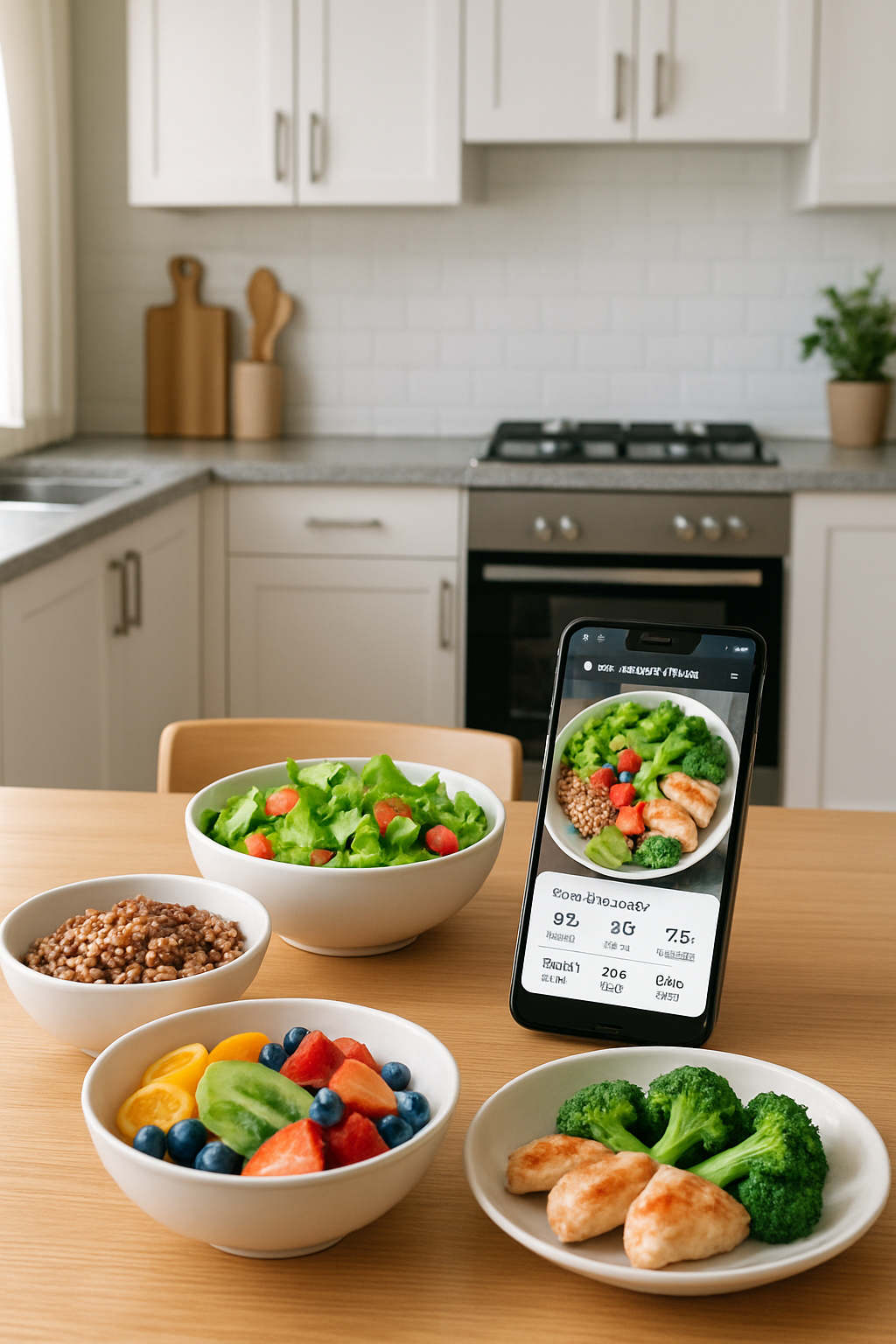 A smartphone displaying the SnapEat AI nutrition tracker app interface with a healthy meal in the background, symbolizing leveling up health.