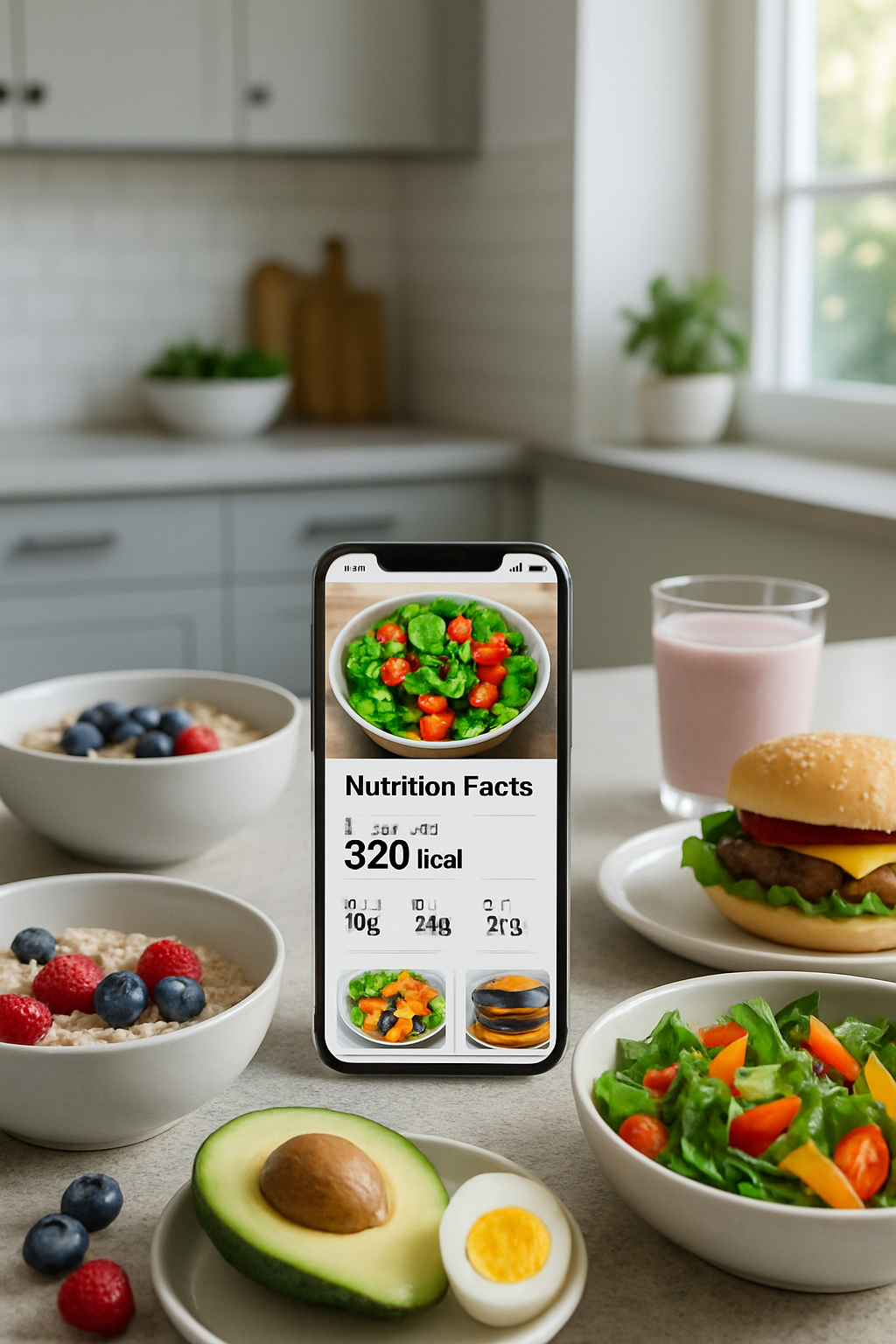Smartphone showing the SnapEat AI nutritionist app interface, analyzing a picture of a healthy meal with salmon and vegetables.