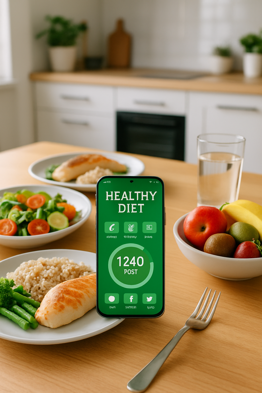A smartphone running the SnapEat AI coach app, analyzing a healthy meal with data overlays for smart nutrition.