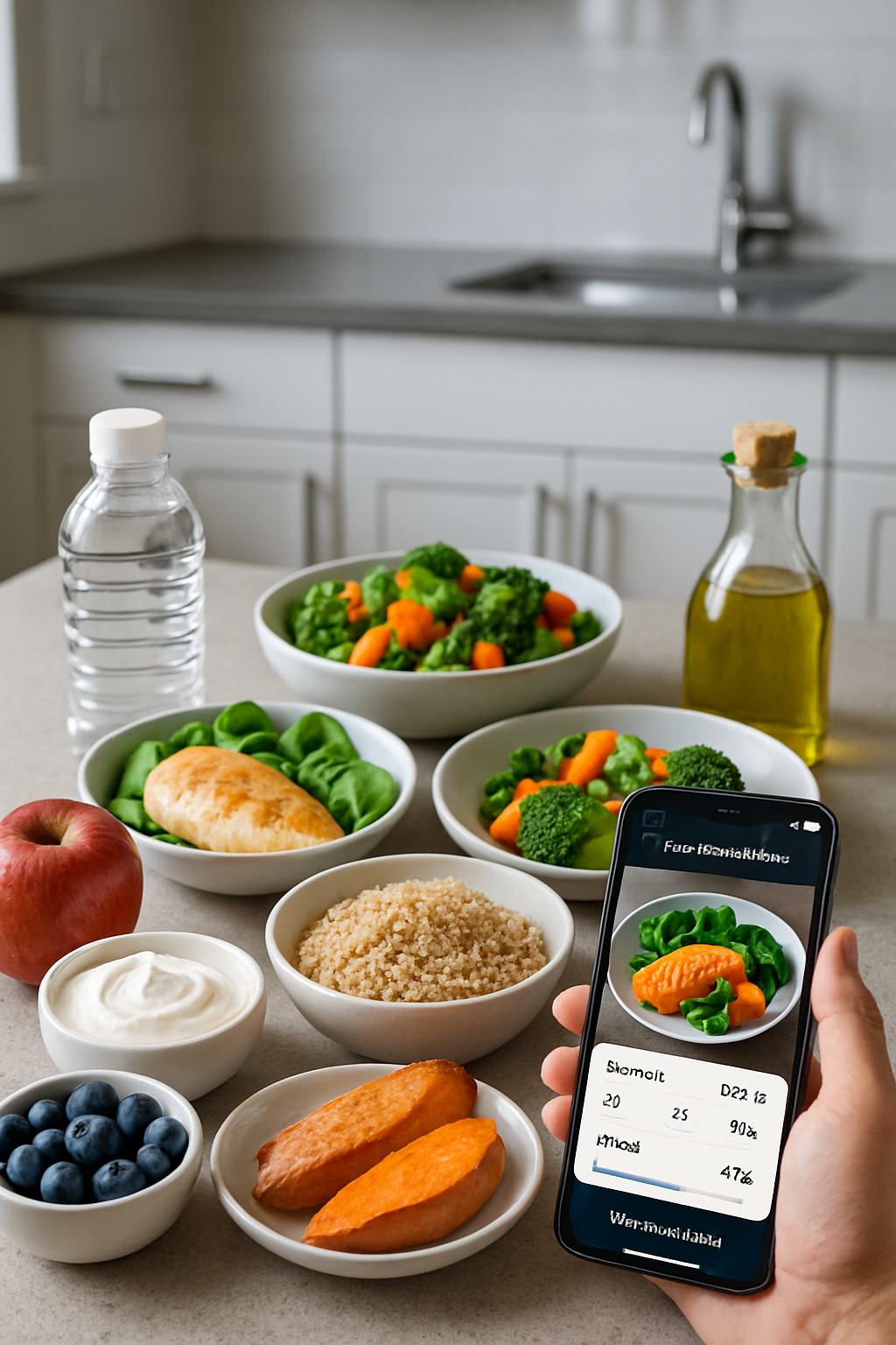 A plate of food from an athlete diet plan, including salmon, quinoa, and broccoli, with the SnapEat AI app interface overlaid.
