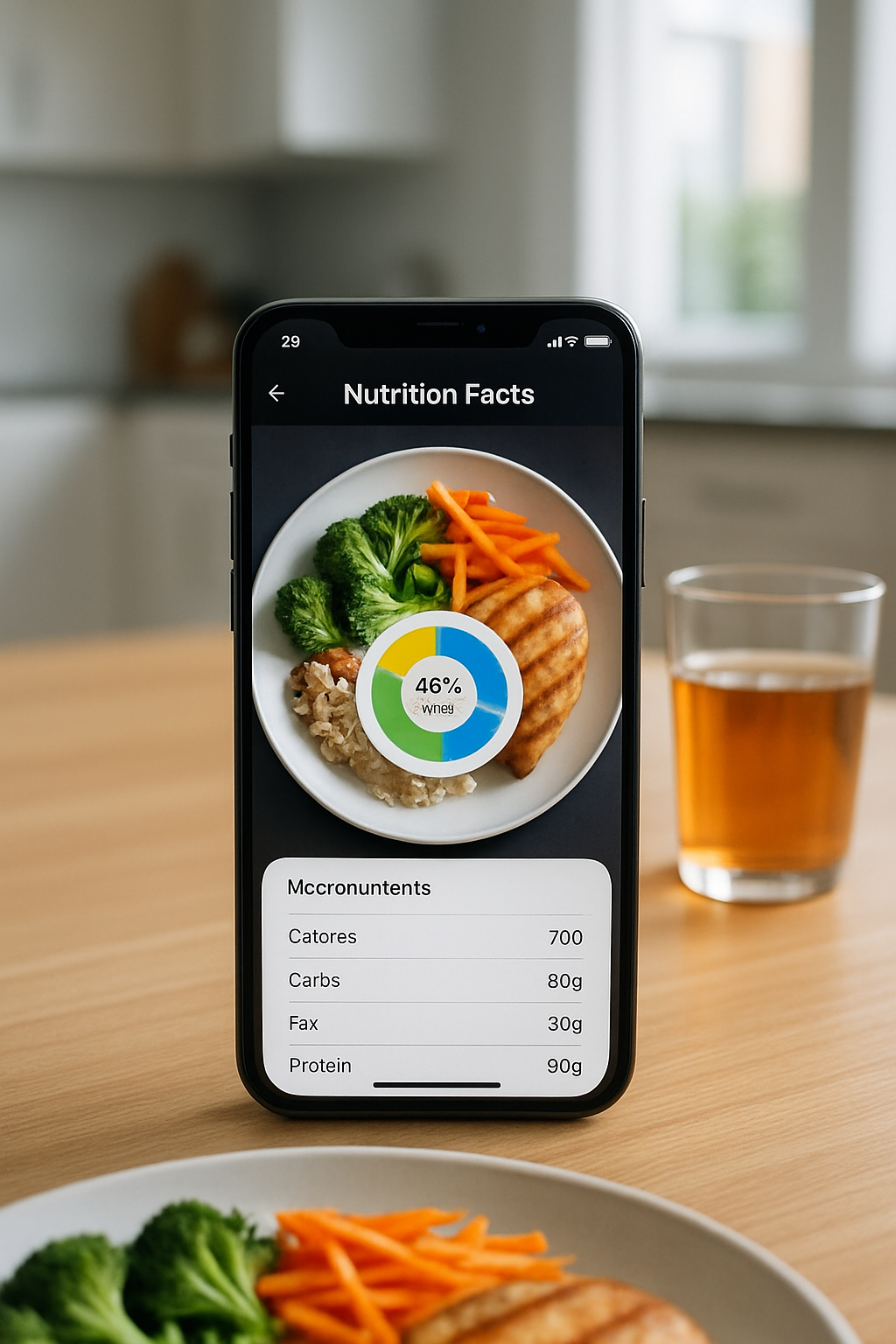 A smartphone displaying the SnapEat AI app interface analyzing a plate of salmon, quinoa, and vegetables using smart food recognition.
