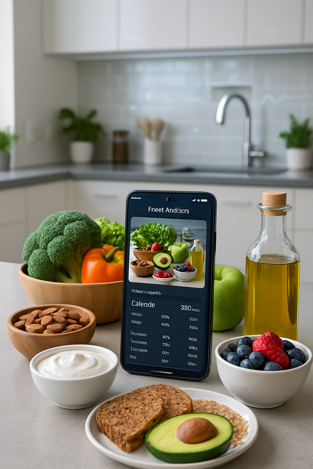 Smartphone displaying the SnapEat AI smart food tracker app with a photo of a healthy meal.