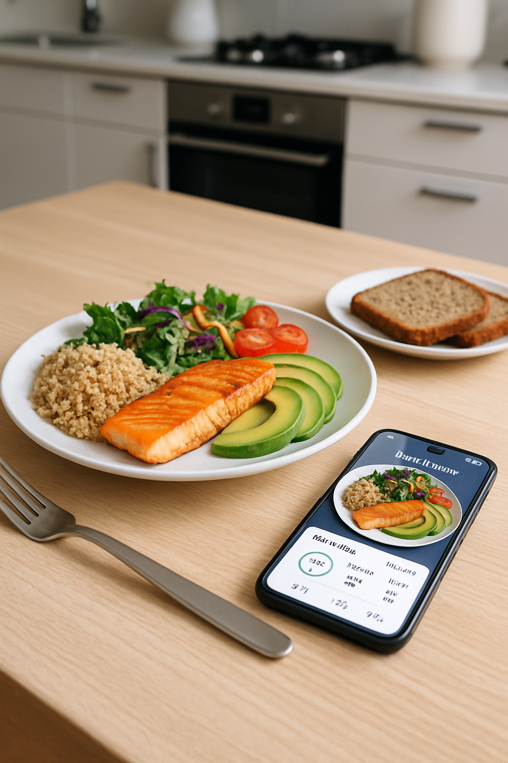 Smartphone showing the SnapMeal AI calorie tracker app identifying a meal of salmon, avocado, and quinoa from a photo.