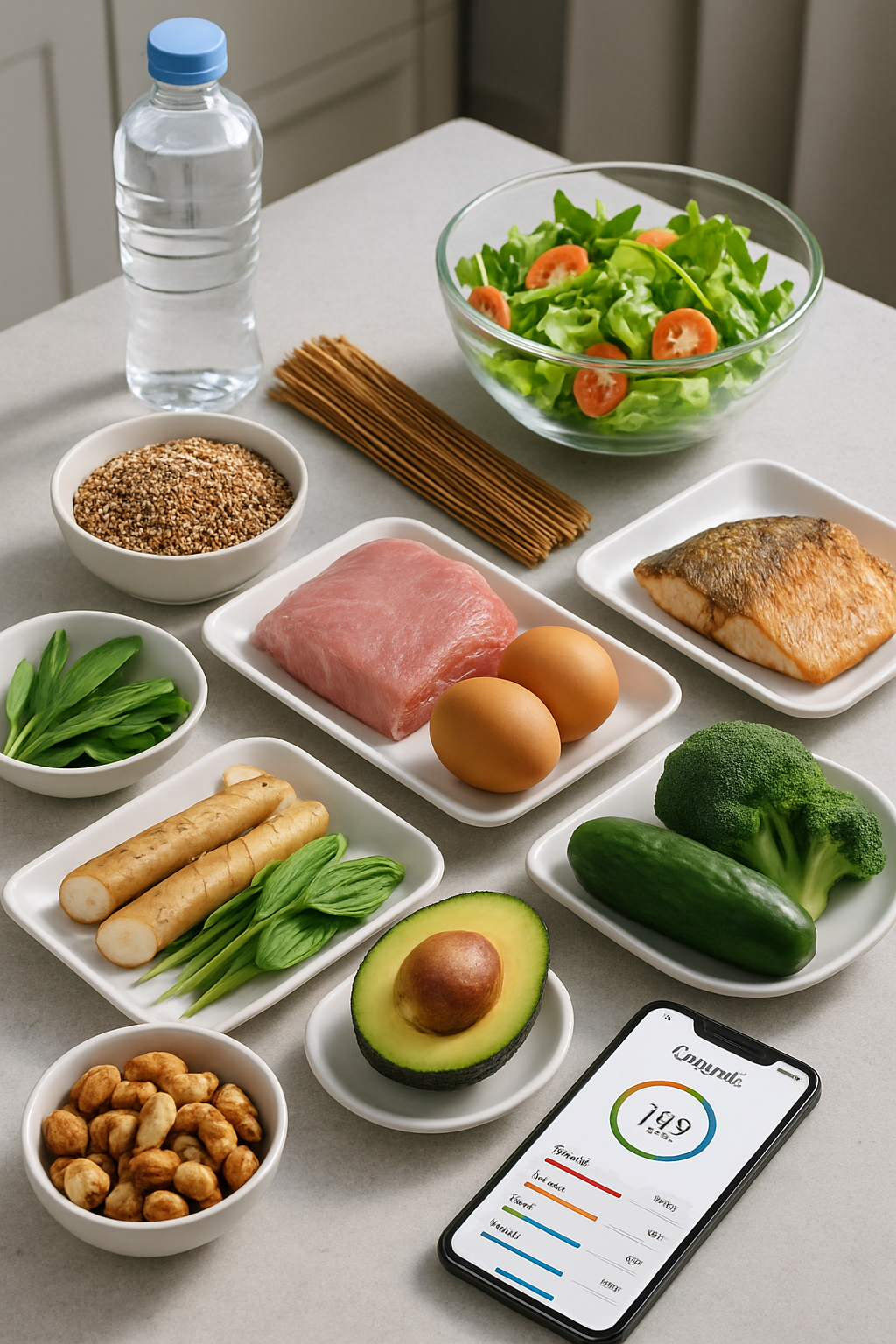 A plate with balanced athlete diet food next to a smartphone showing the SnapEat AI nutrition tracker app.