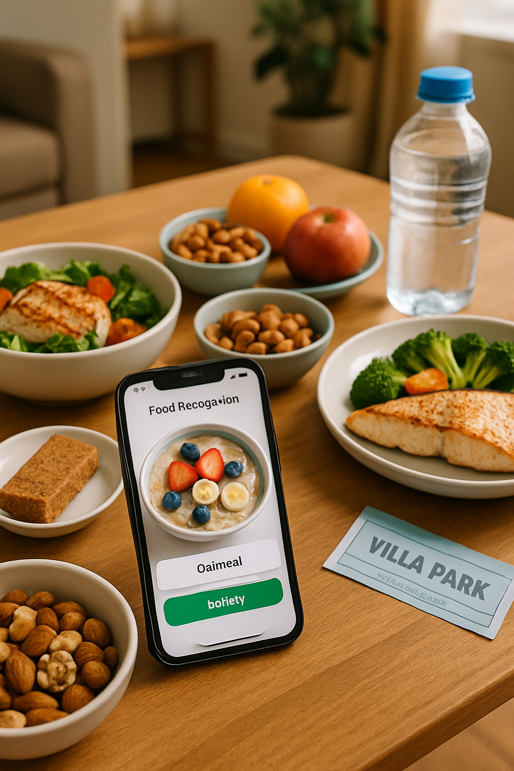 Aston Villa fan using the SnapEat AI app on a smartphone to track the nutrition of a healthy meal.