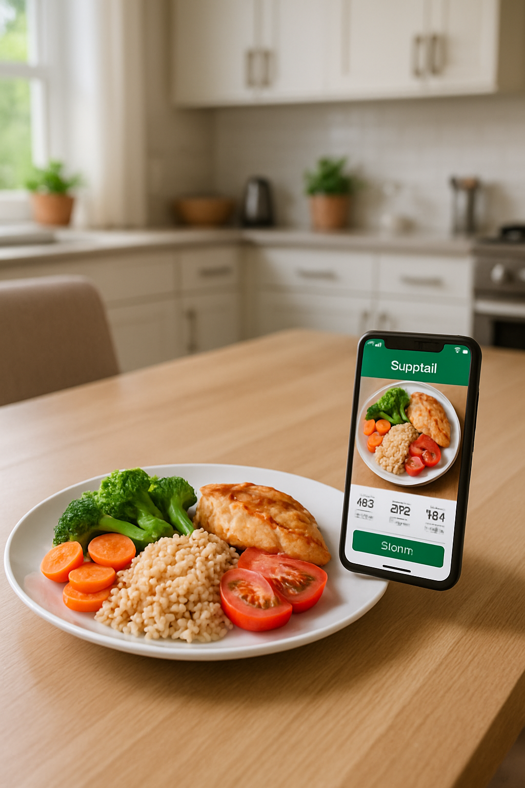 Mother holding a smartphone with the SnapEat AI app, ready to track her meal as a Mother's Day health gift.