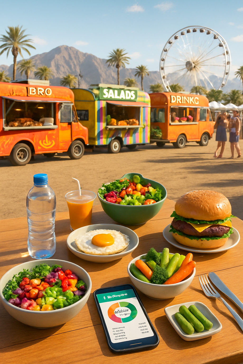 A person using the SnapEat AI food coach app to track Coachella eats on their smartphone with the festival ferris wheel in the background.