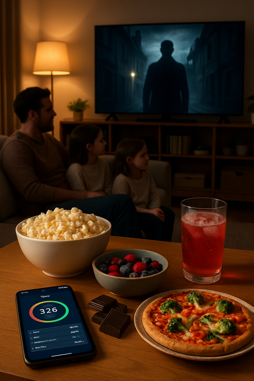 A person using the SnapEat AI app on their smartphone to track FNAF movie night snacks like pizza and popcorn on a table.