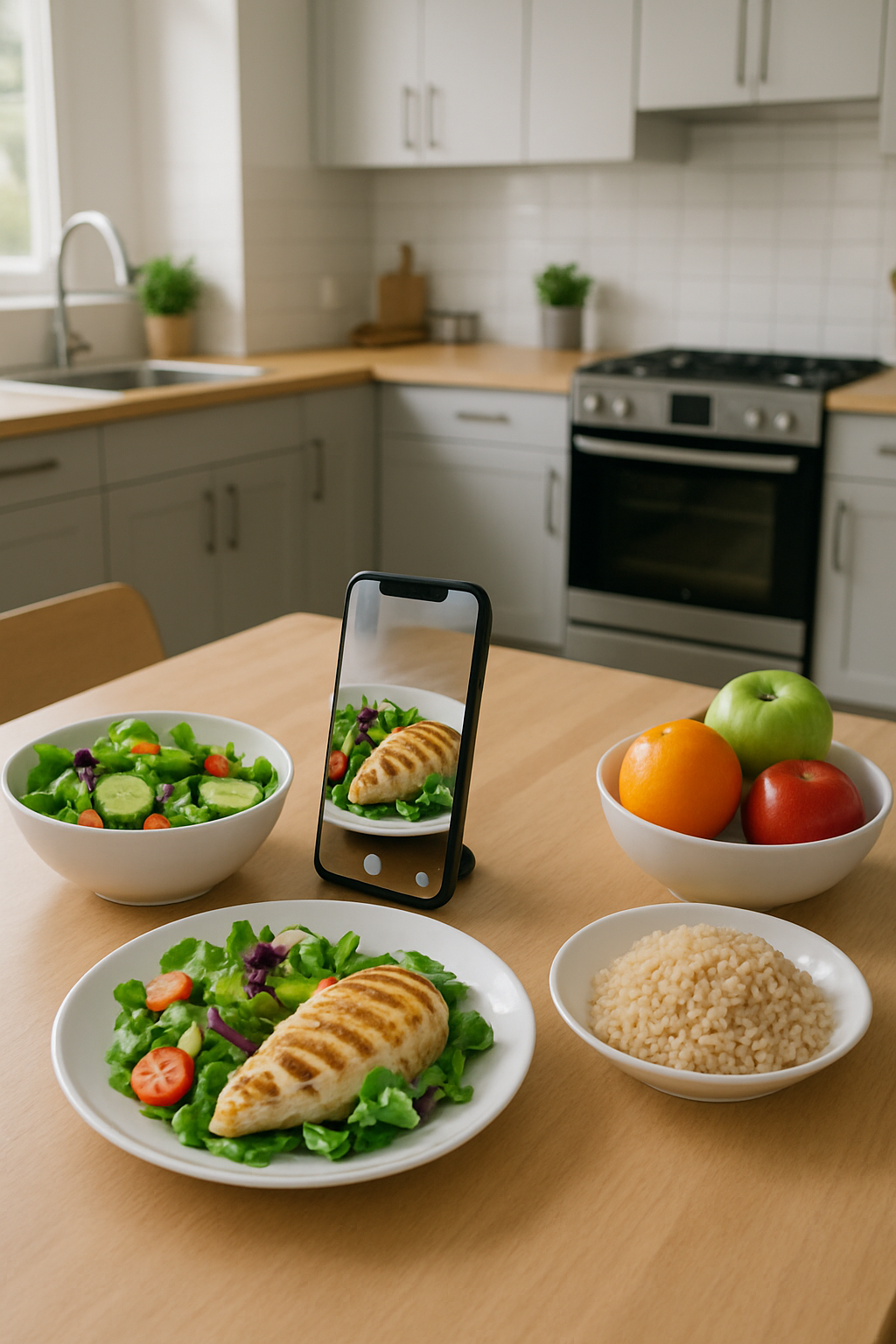 Smartphone showing the SnapEat AI app analyzing a photo of a salmon and vegetable meal to calculate nutrition.