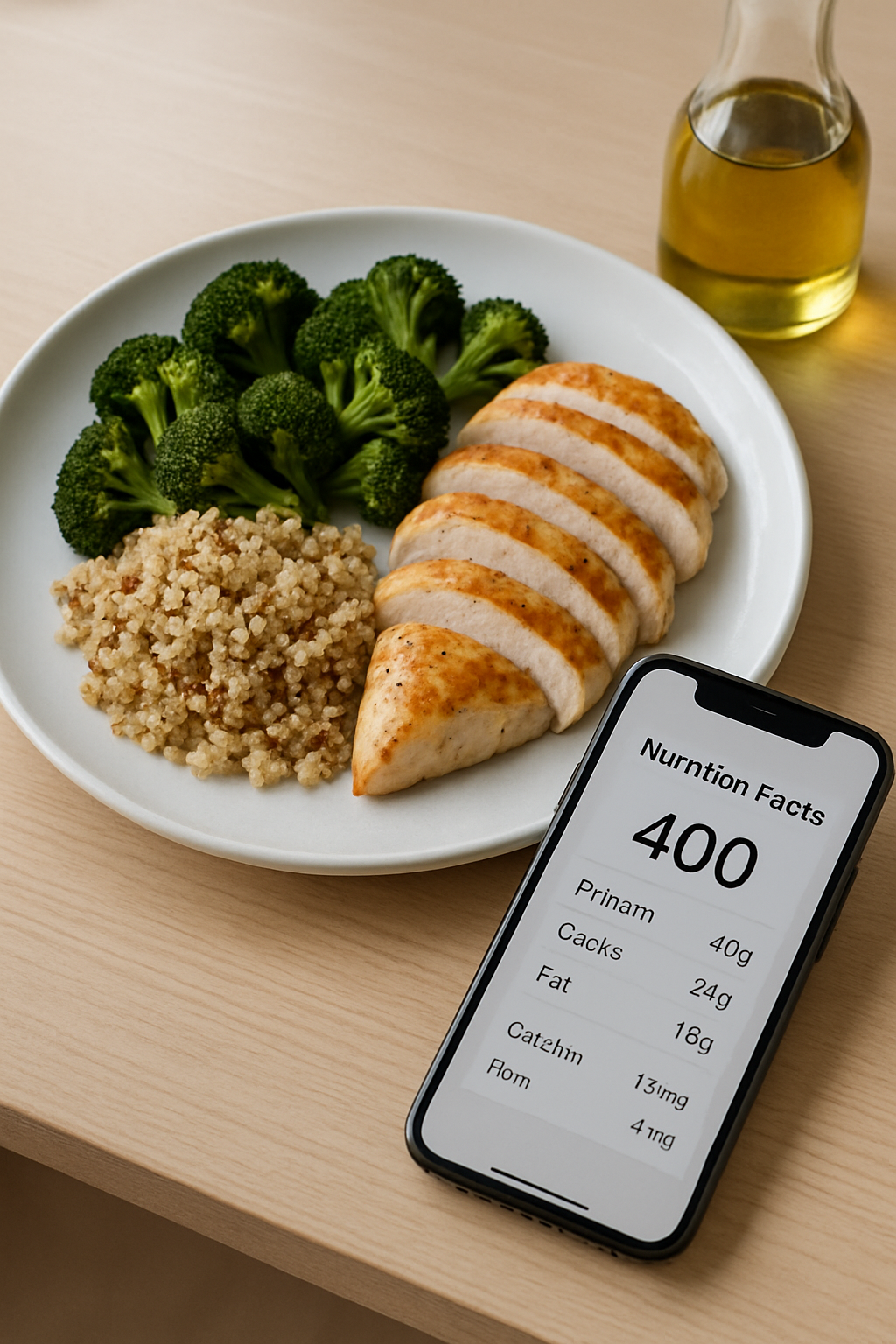 A smartphone showing the SnapEat AI app analyzing a photo of a healthy meal with chicken and vegetables.