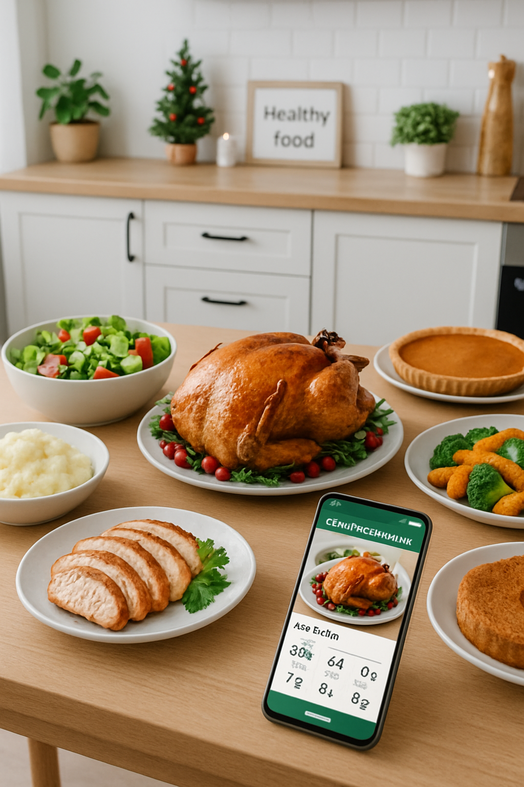 Smartphone showing the SnapEat AI app tracking a healthy holiday meal of turkey, vegetables, and potatoes.