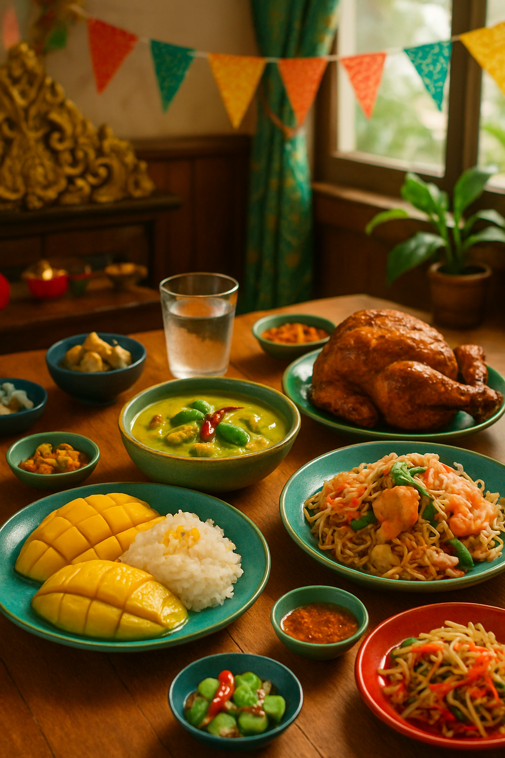 A vibrant table of healthy Songkran food like grilled chicken and papaya salad, with a phone showing the SnapEat AI tracking app
