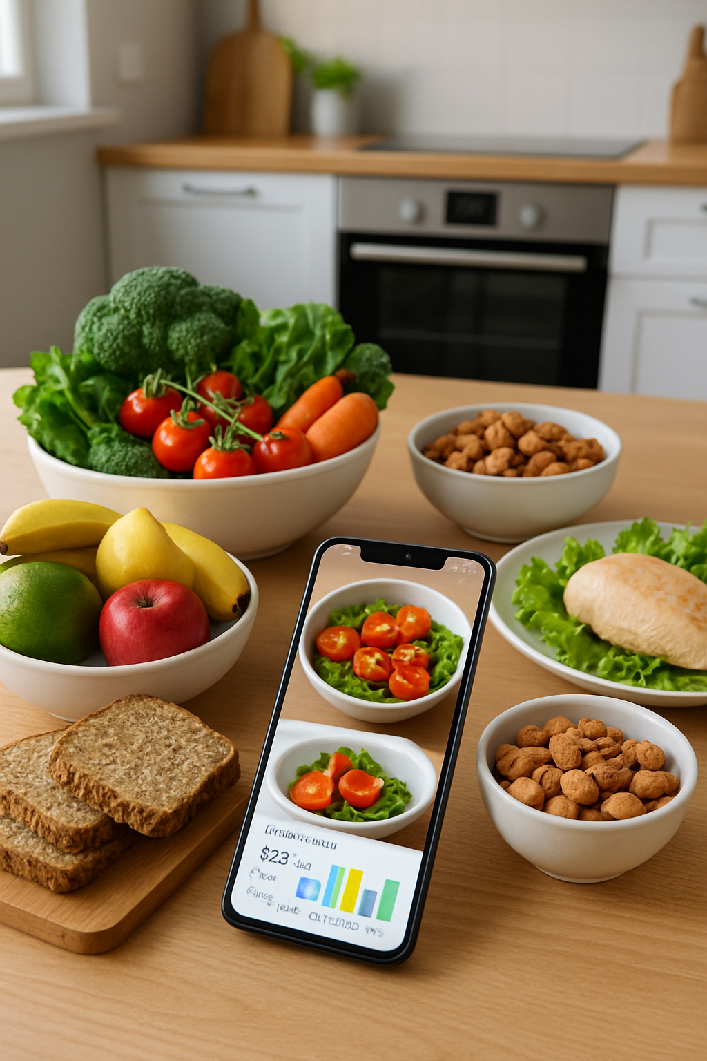 A phone showing the SnapEat AI meal tracking app next to a healthy meal, representing how to do the Hyunjin Challenge.