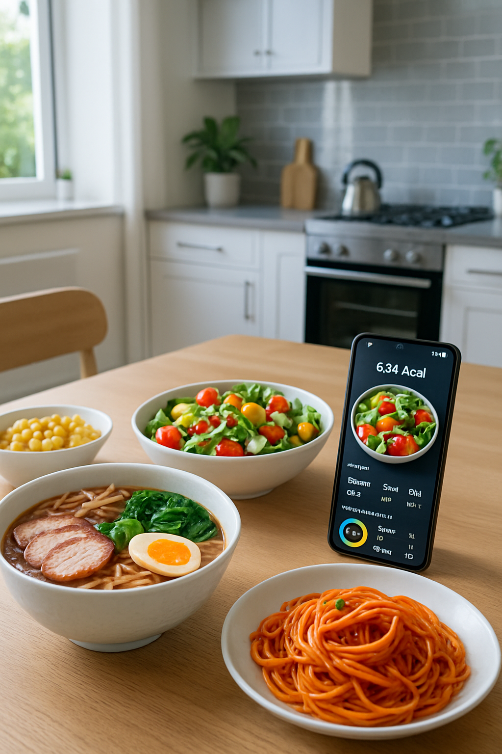 A smartphone showing the SnapEat AI food recognition app analyzing a meal to count calories and macros.