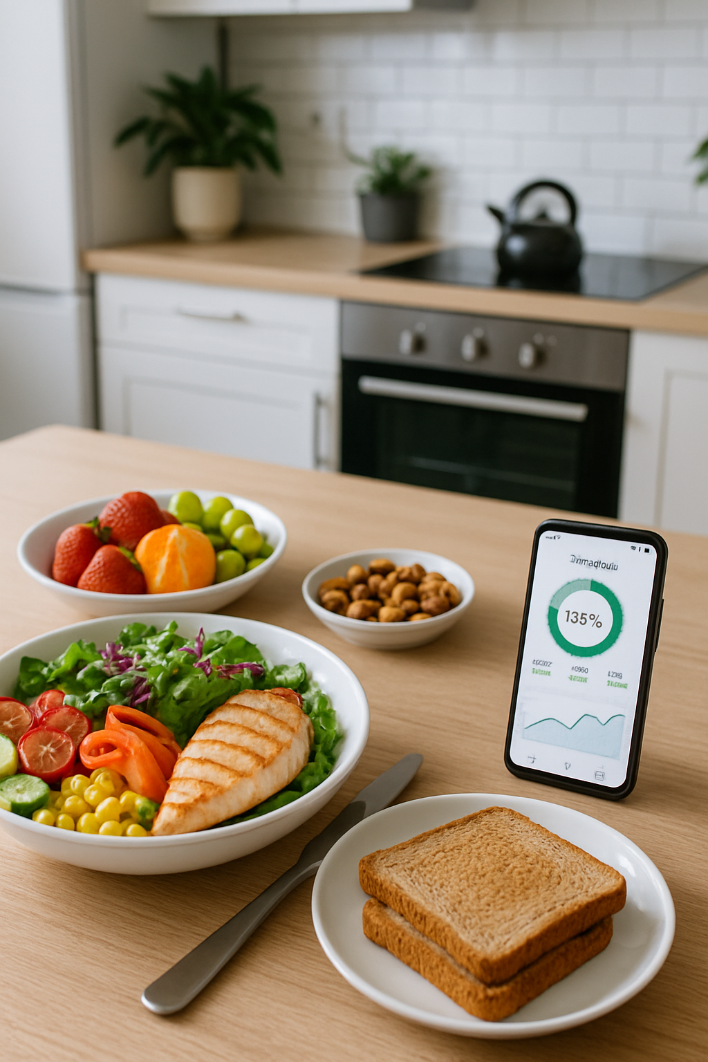 A phone using the SnapEat AI meal tracker app to analyze the nutrition of a bowl of salad by taking a photo.