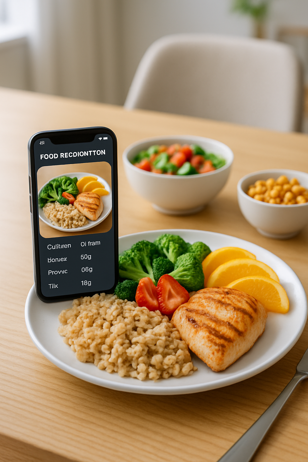 Smartphone screen showing SnapAI app interface analyzing a healthy meal of salmon and vegetables.