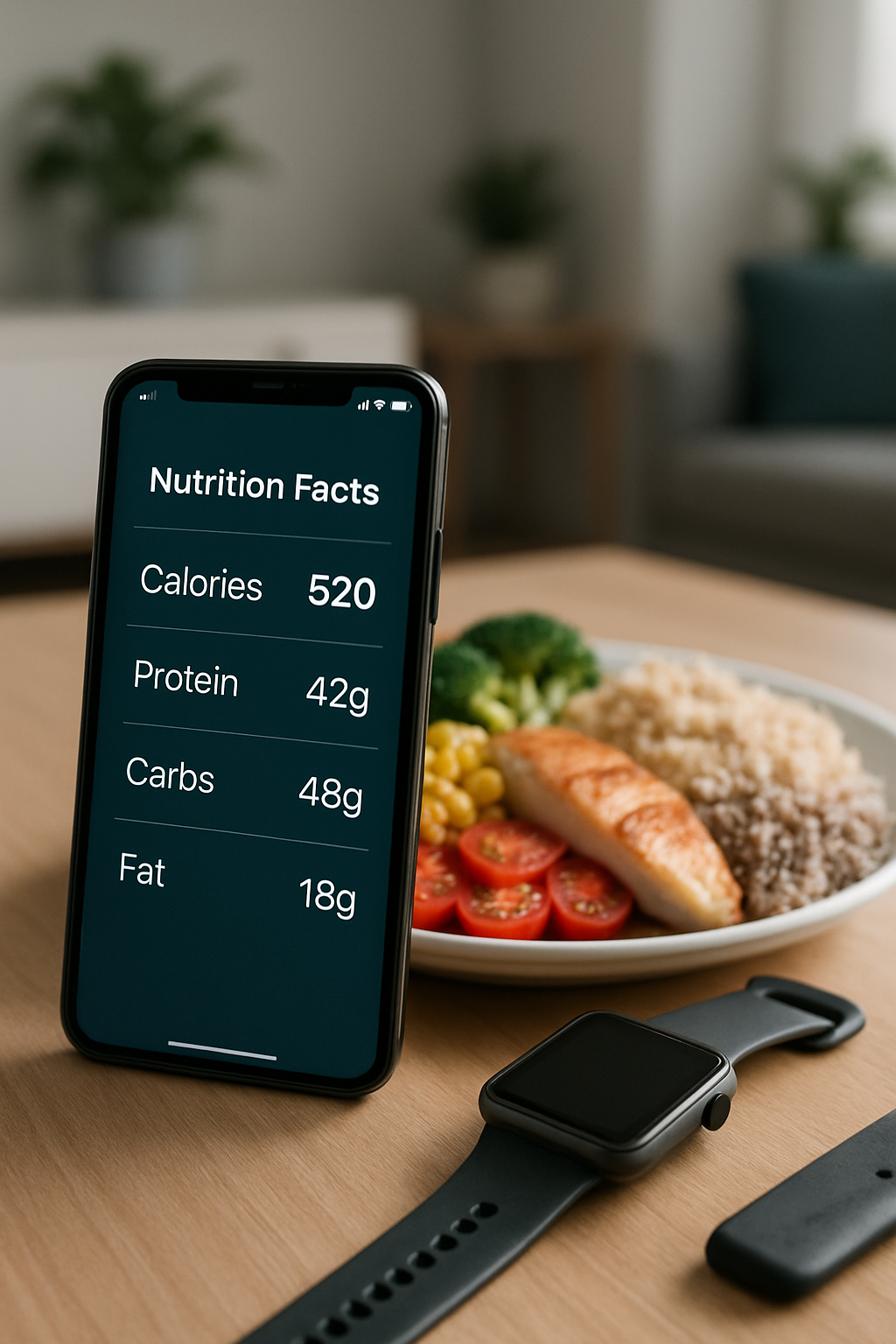 Smartphone showing the SnapEat AI app interface using computer vision to analyze a bowl of salad for smart calorie tracking.