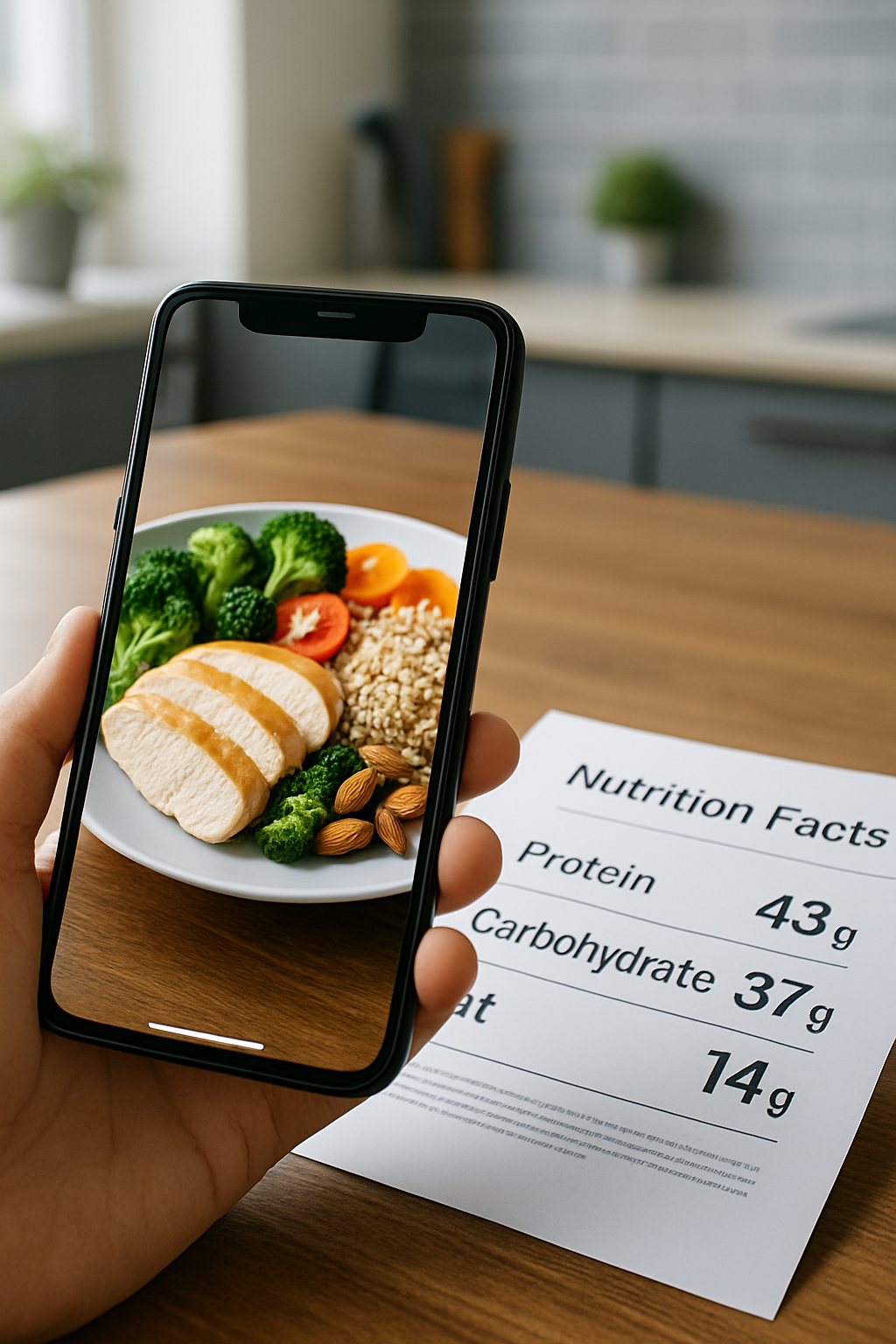 A smartphone displaying the SnapEat AI smart calorie counter app analyzing a photo of a healthy meal.