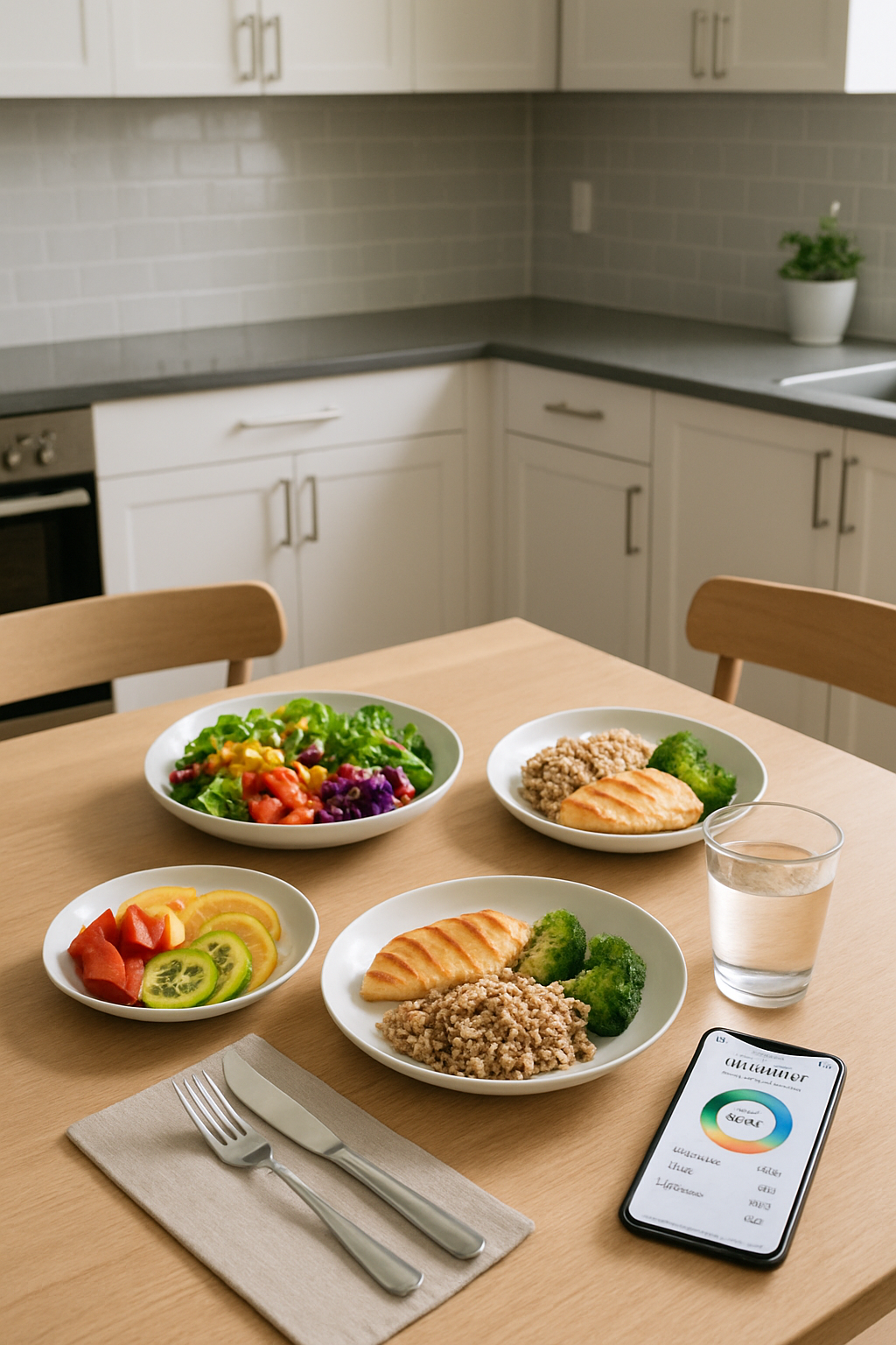 Smartphone showing the SnapEat AI meal tracker app next to a healthy meal, demonstrating photo food logging.